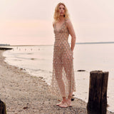 Odette Beaded Seashell Mesh Sleeveless Midi Dress