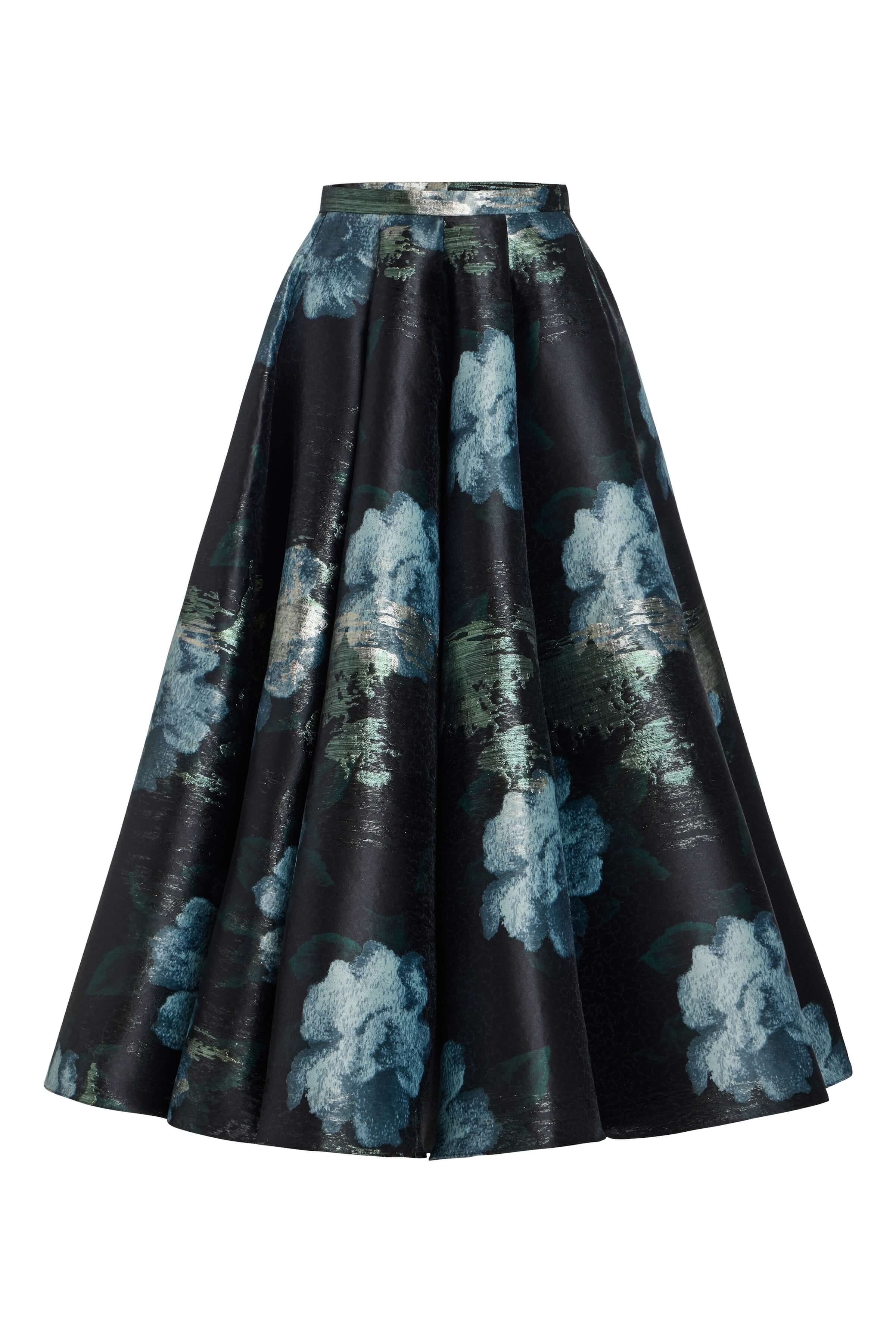 Soleil Metallic Watercolor Floral Brocade Midi Skirt