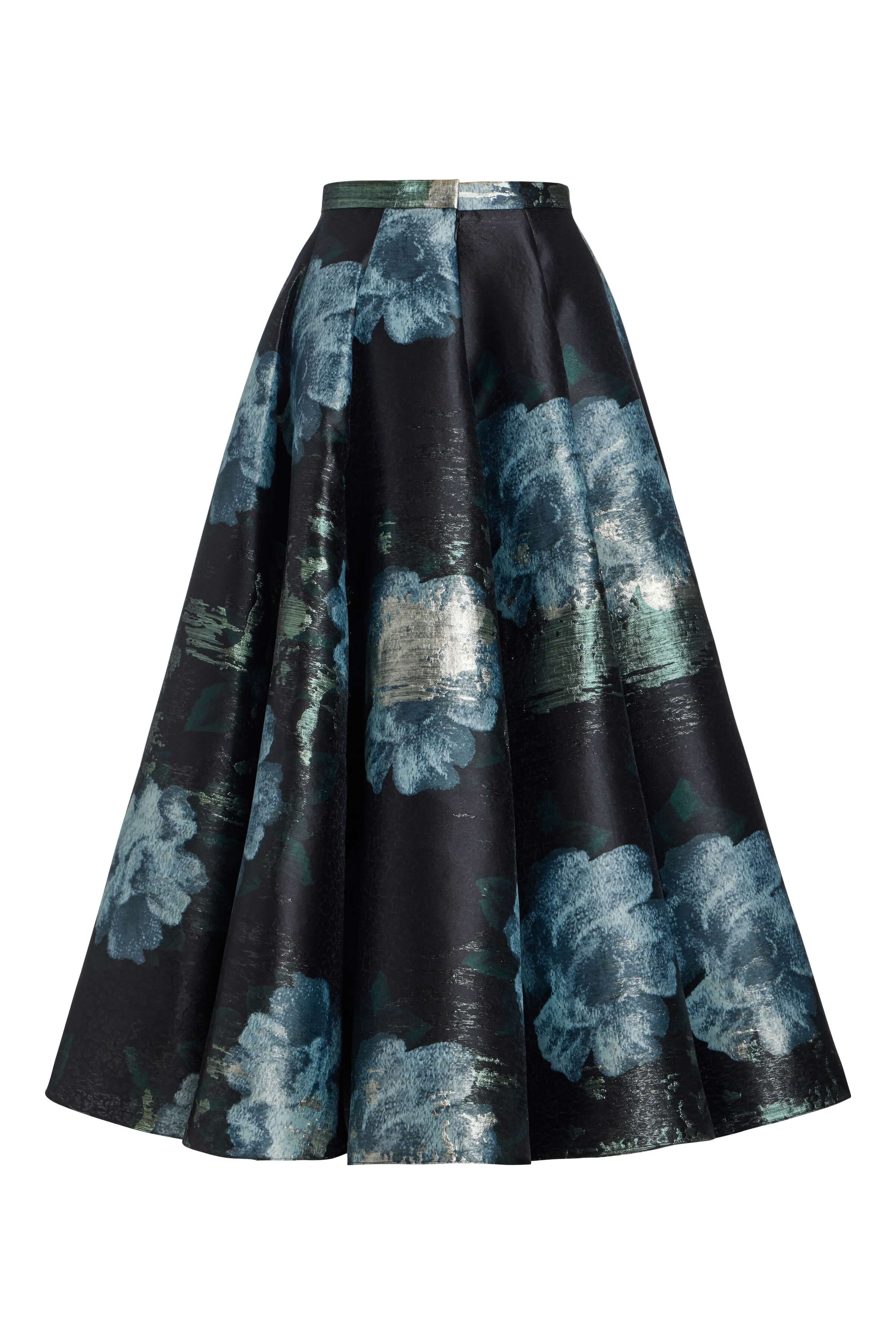 Soleil Metallic Watercolor Floral Brocade Midi Skirt