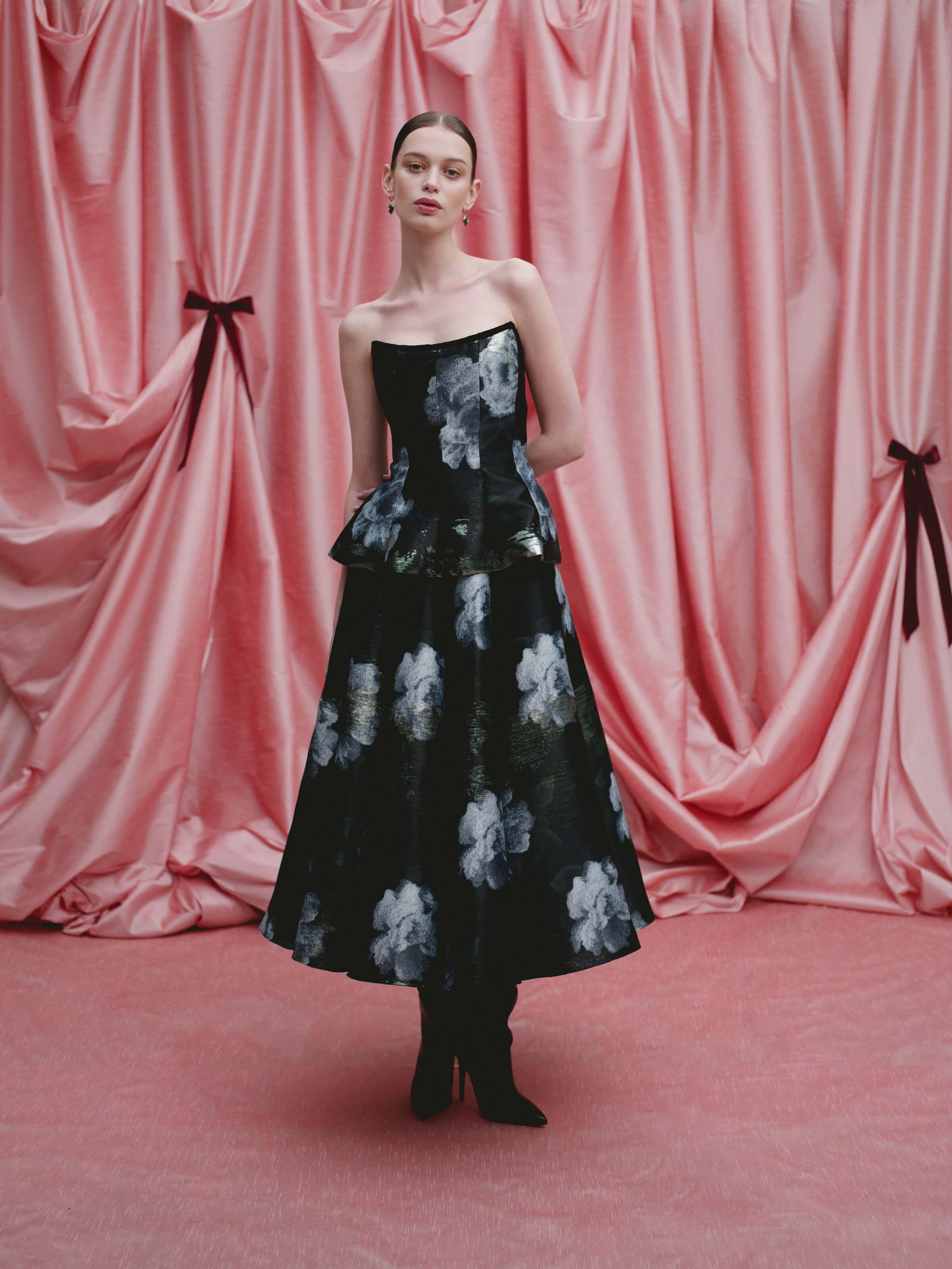 Soleil Metallic Watercolor Floral Brocade Midi Skirt