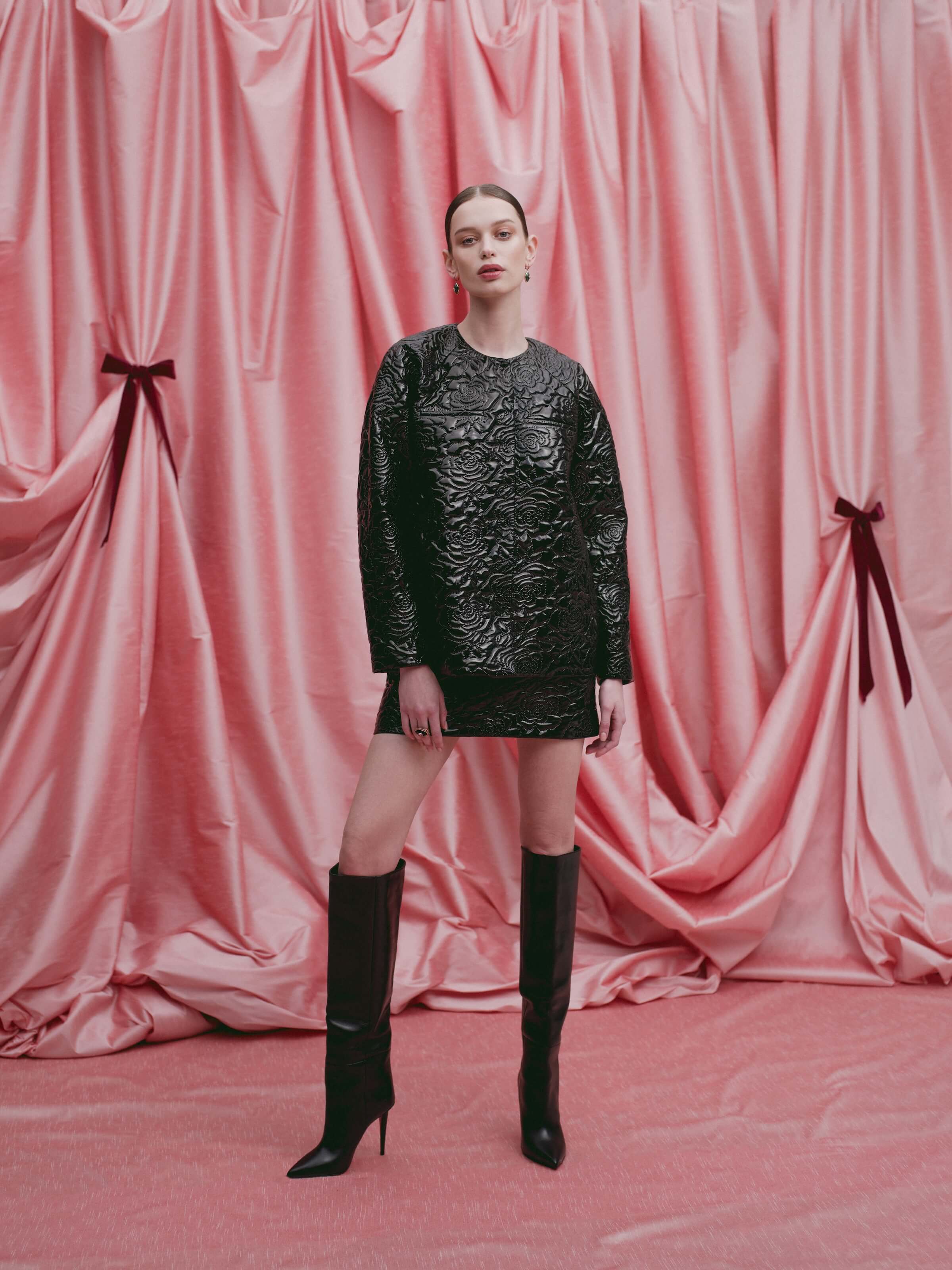 Linette Black Rose Quilted Patent Mini Skirt