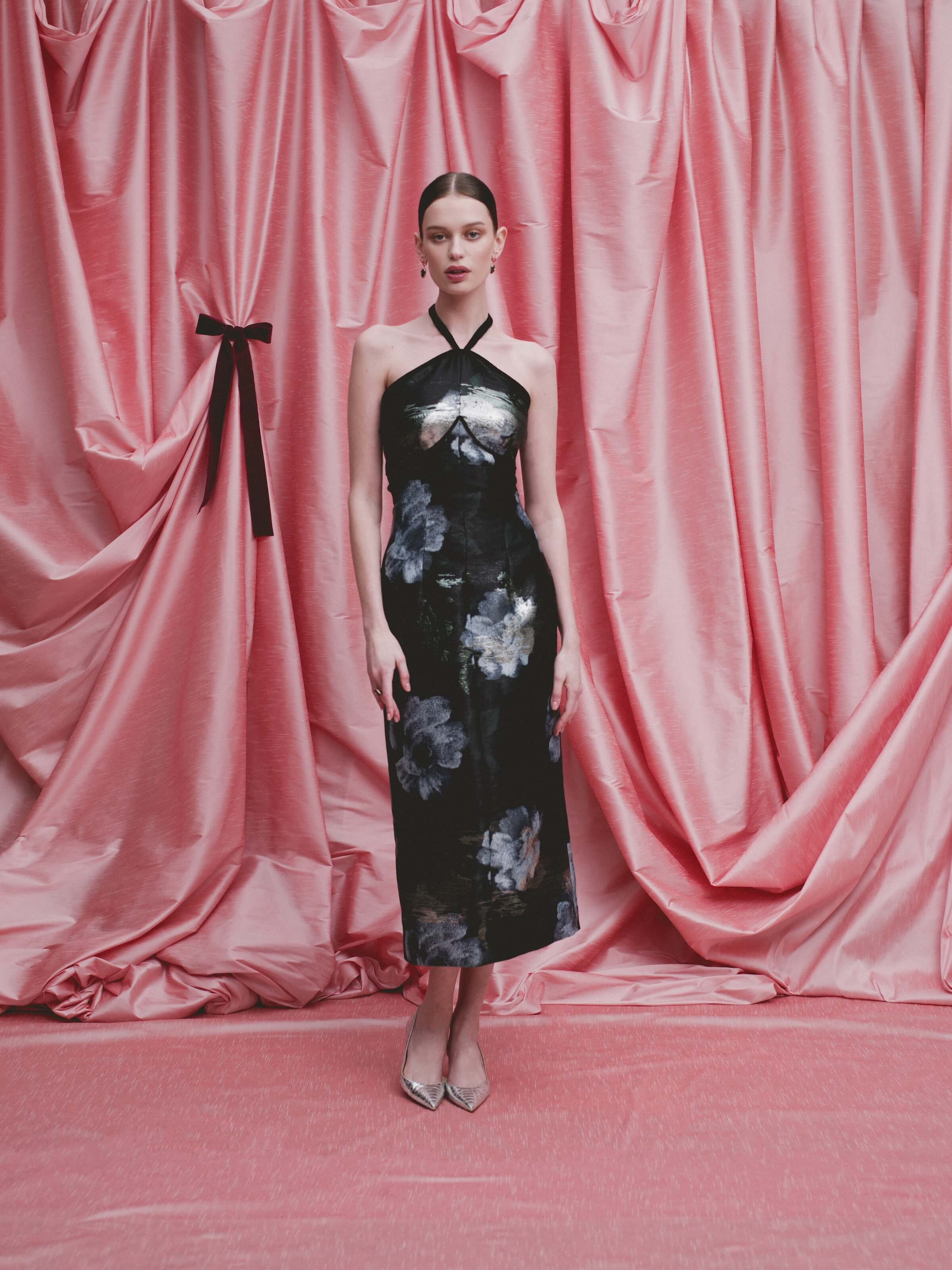 Domino Metallic Watercolor Floral Brocade Halter Midi Dress