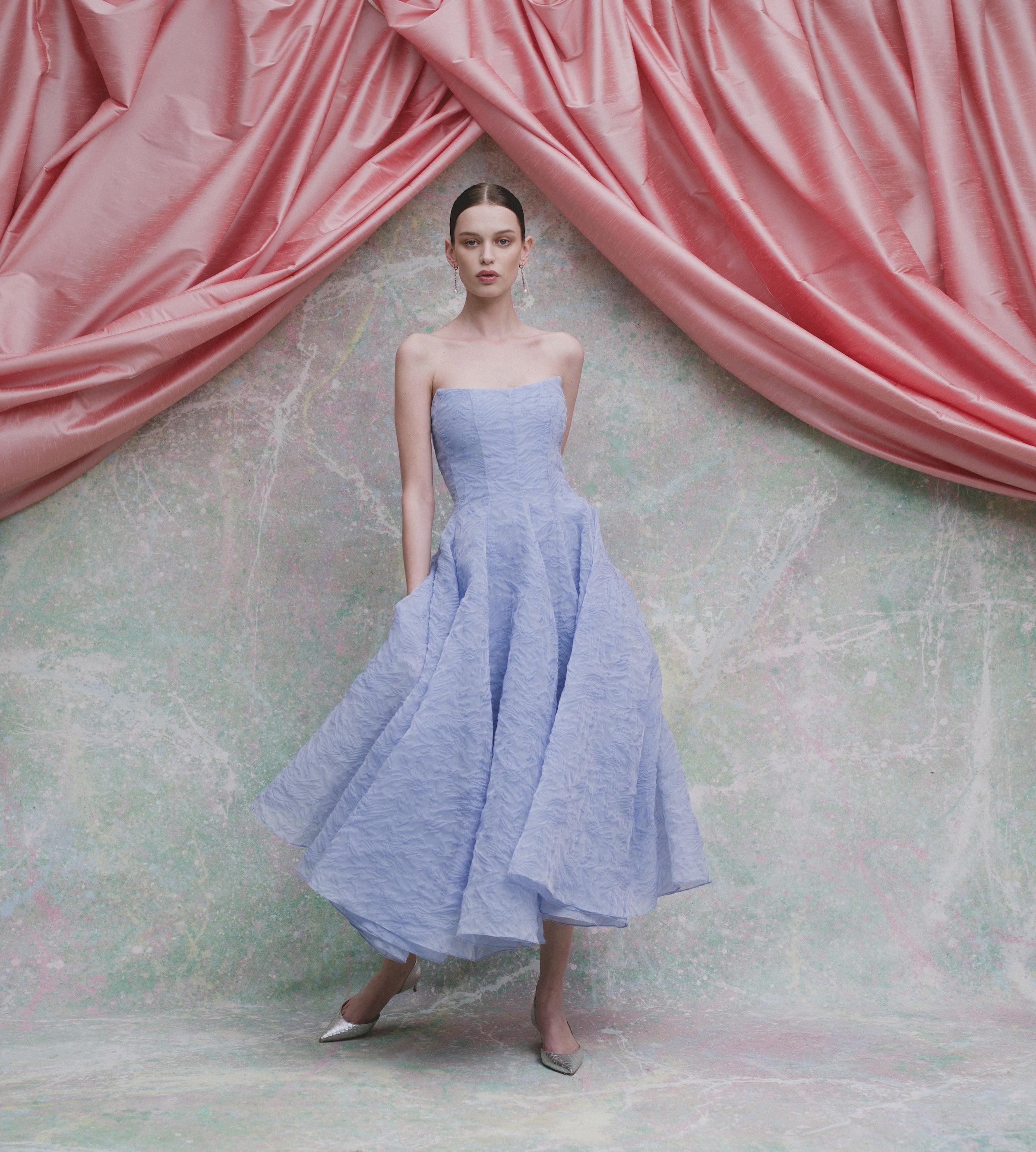 Rousseau Powder Blue Floral Cloque Midi Dress