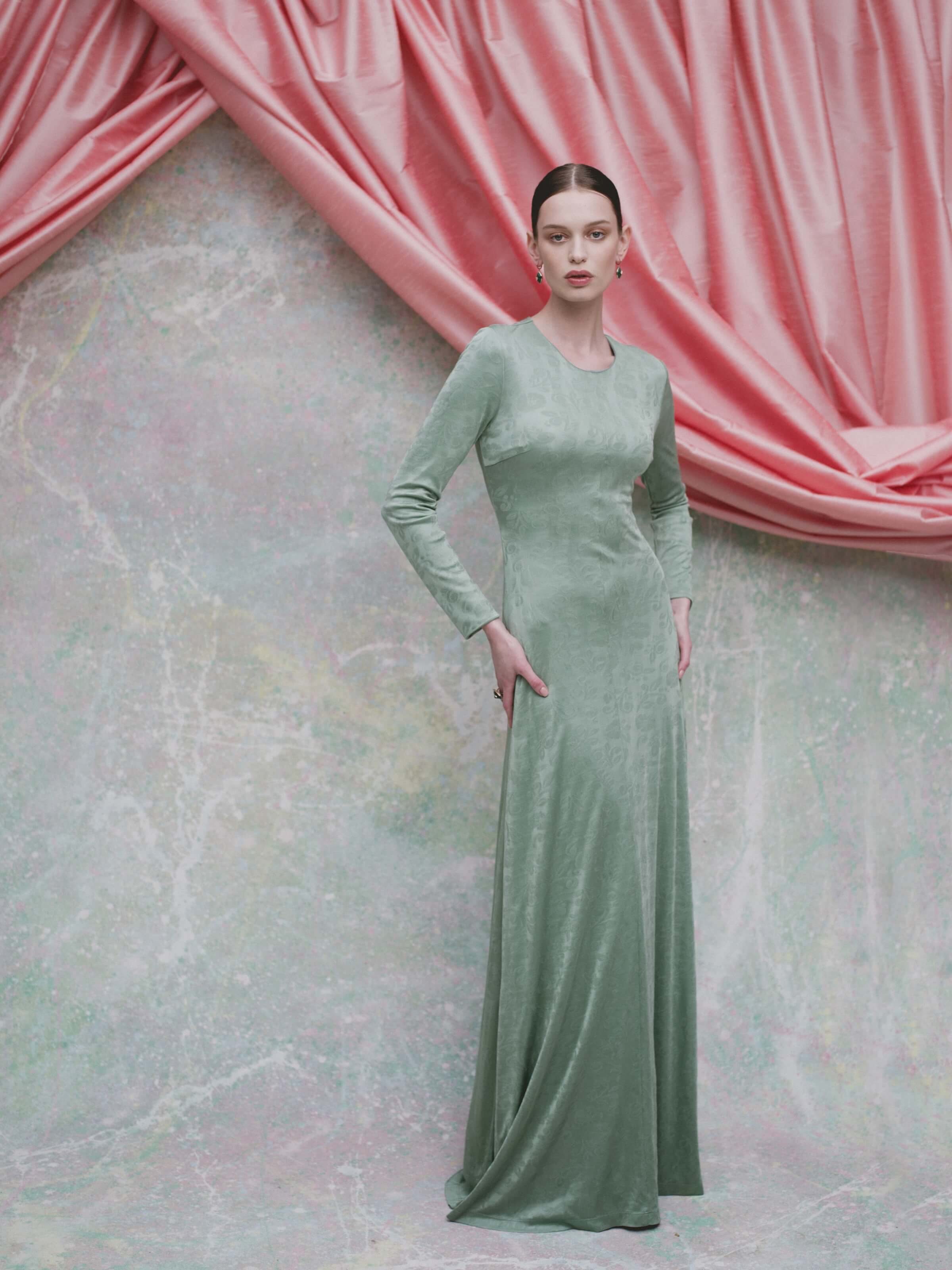 Coco Pistachio Green Floral Jersey Long Sleeve Gown