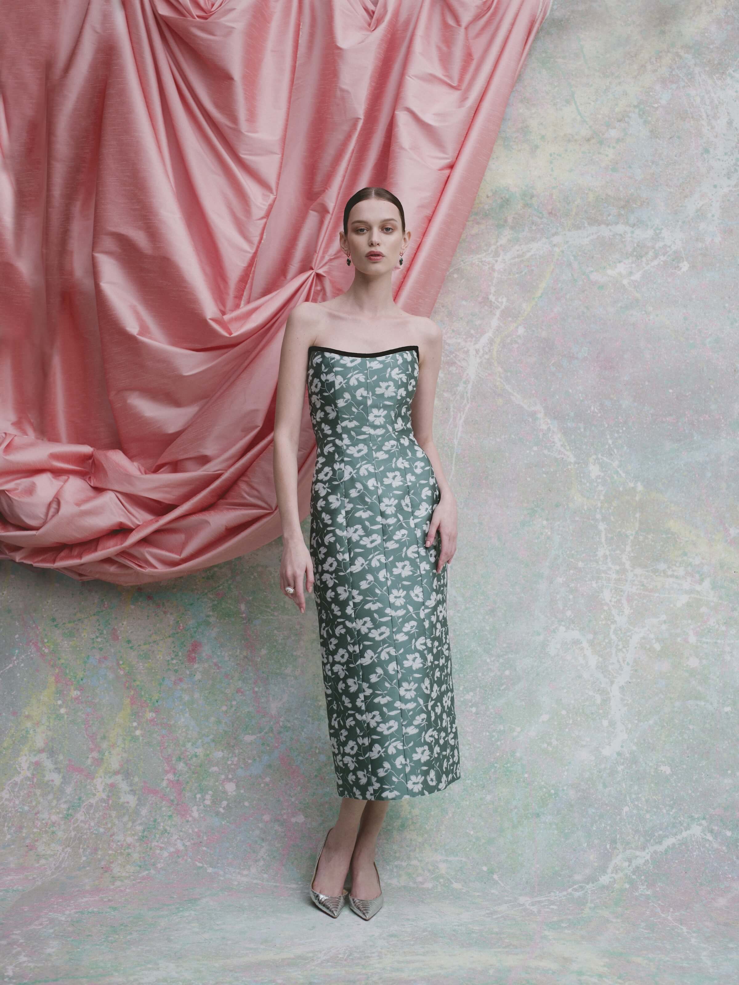 Lana Green and White Floral Brocade Midi Dress