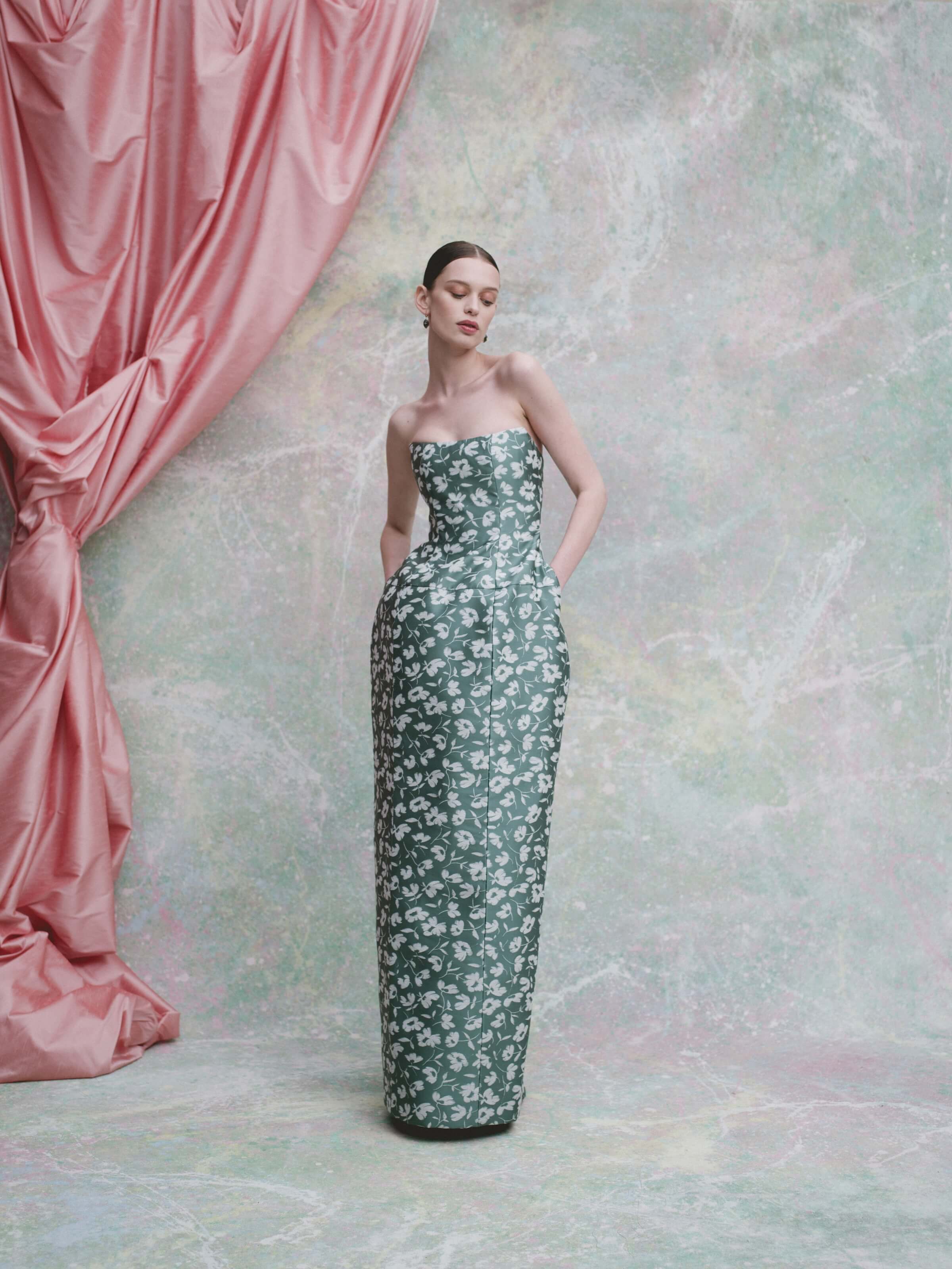 Marianne Green and White Floral Brocade Gown