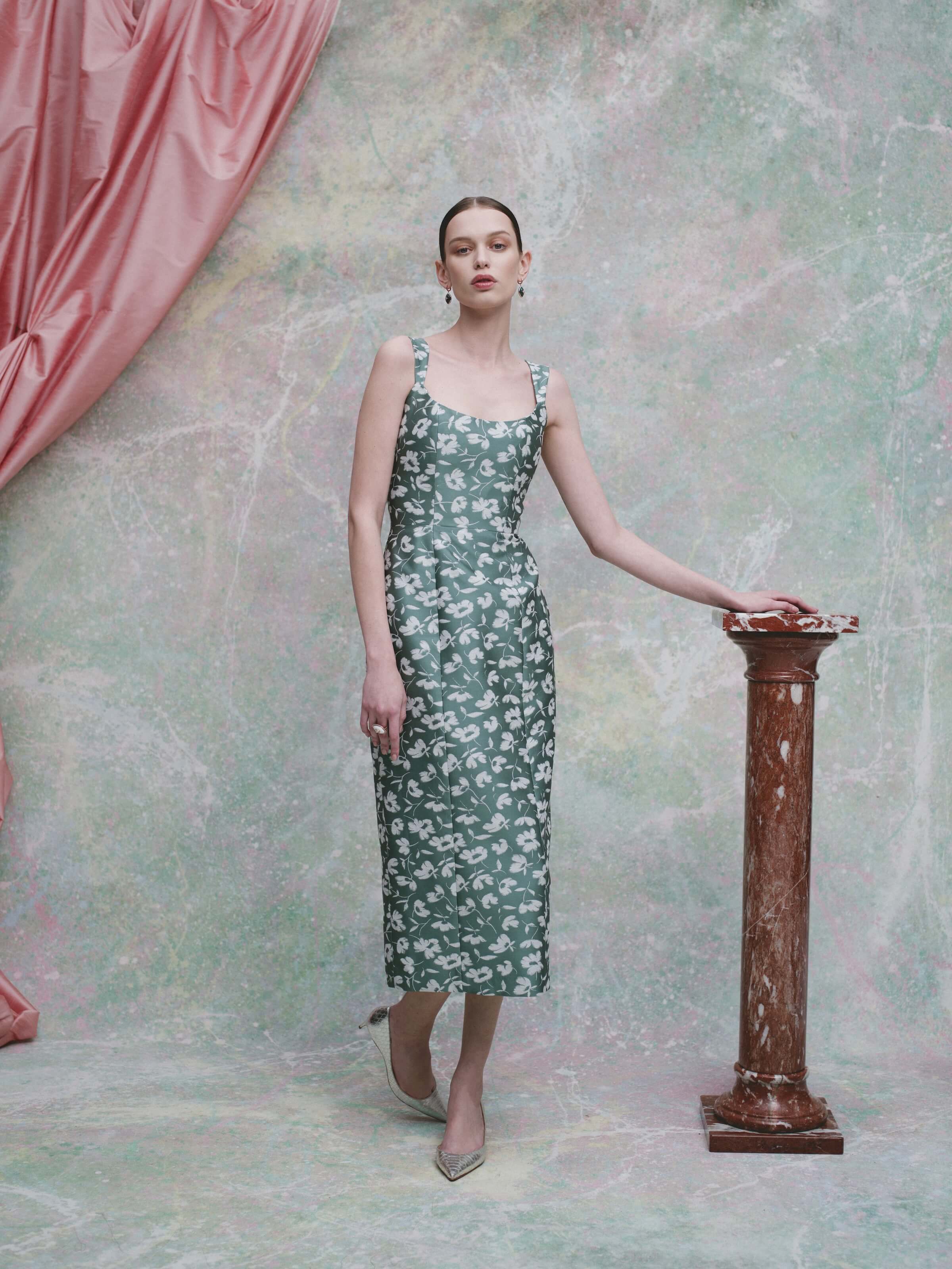 Numa Green and White Floral Brocade Corset Midi Dress