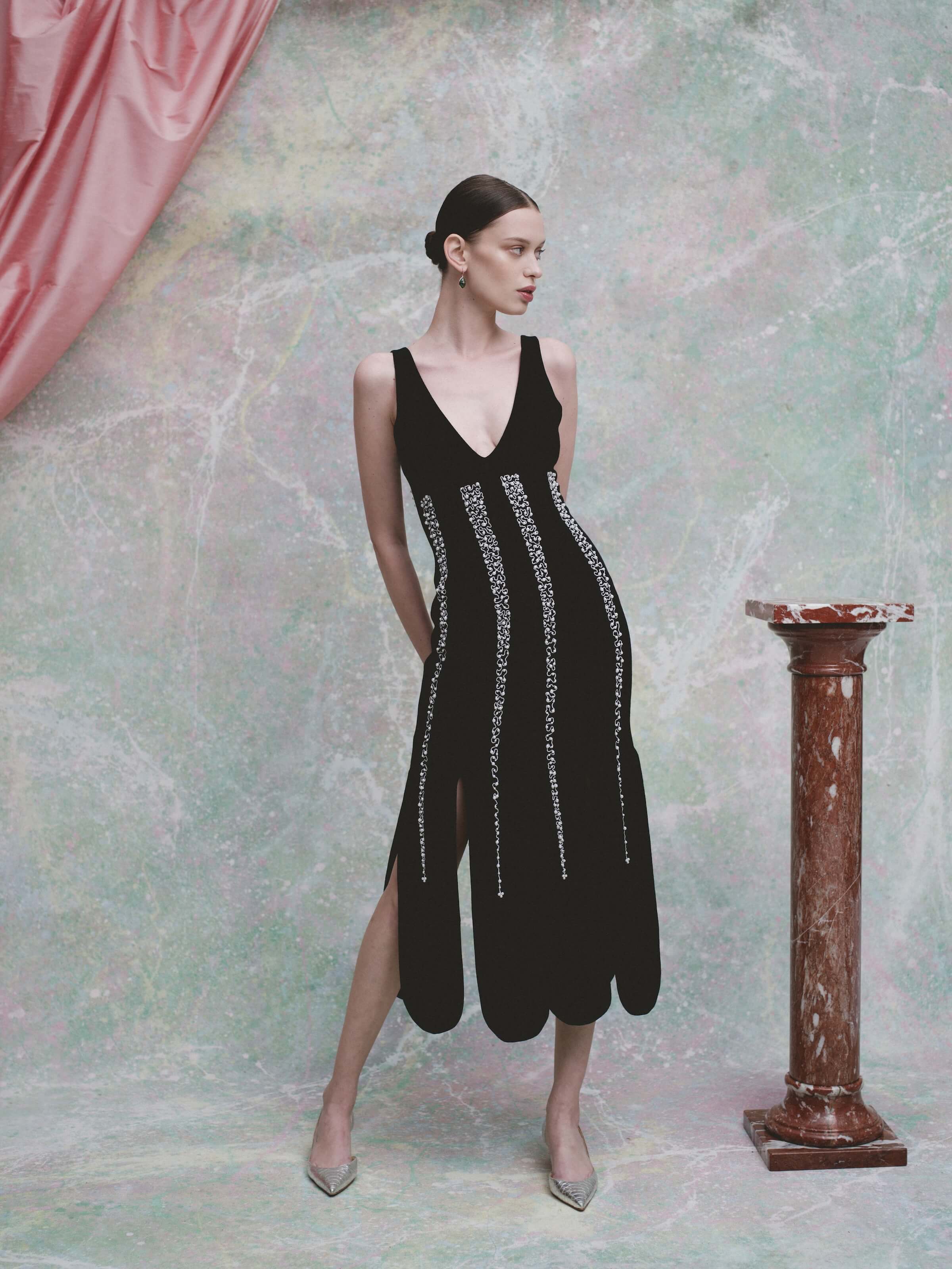 Brandy Pearl Stripe Embroidery Midi Dress