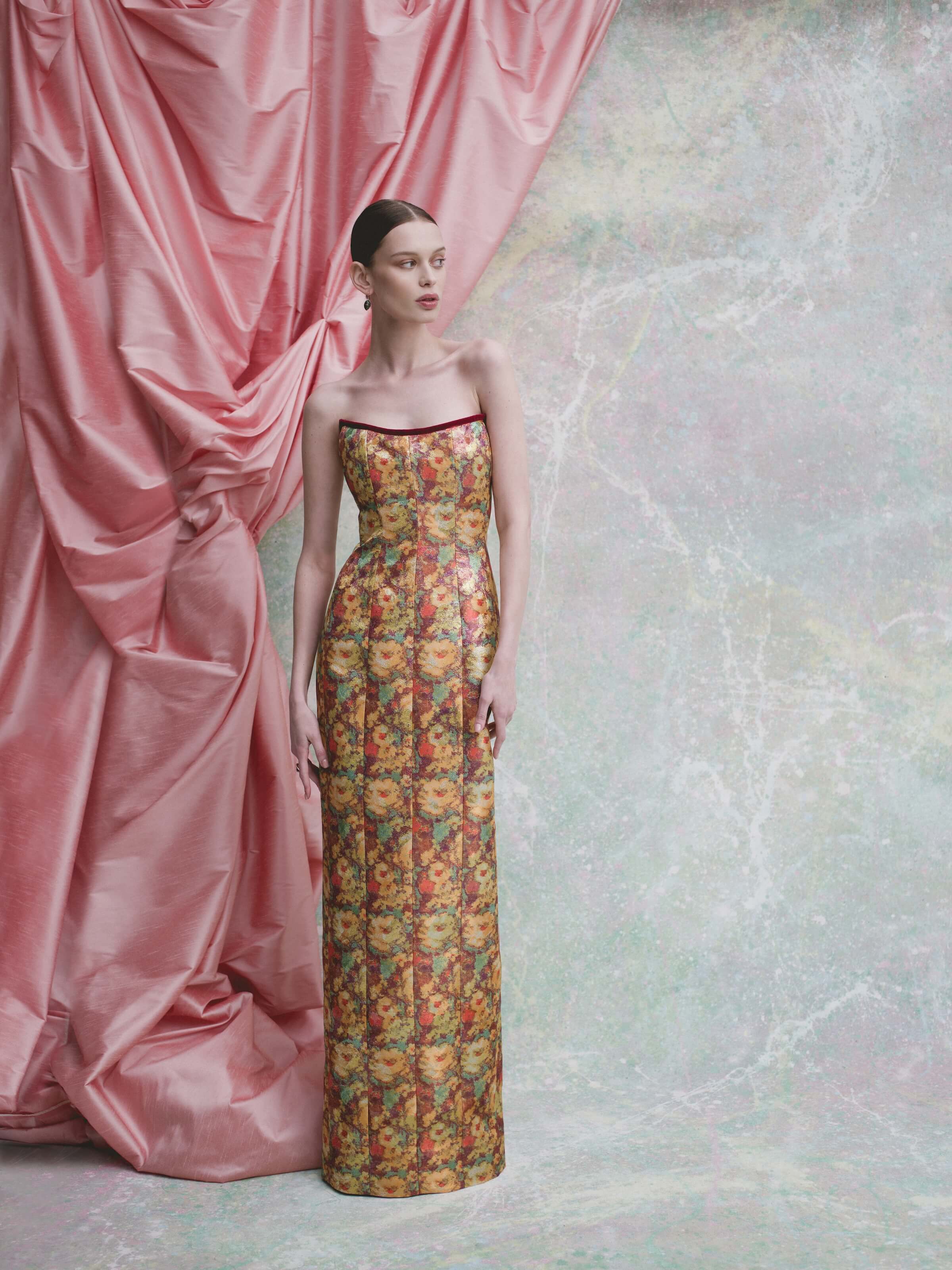 Odessa Golden Metallic Floral Column Gown
