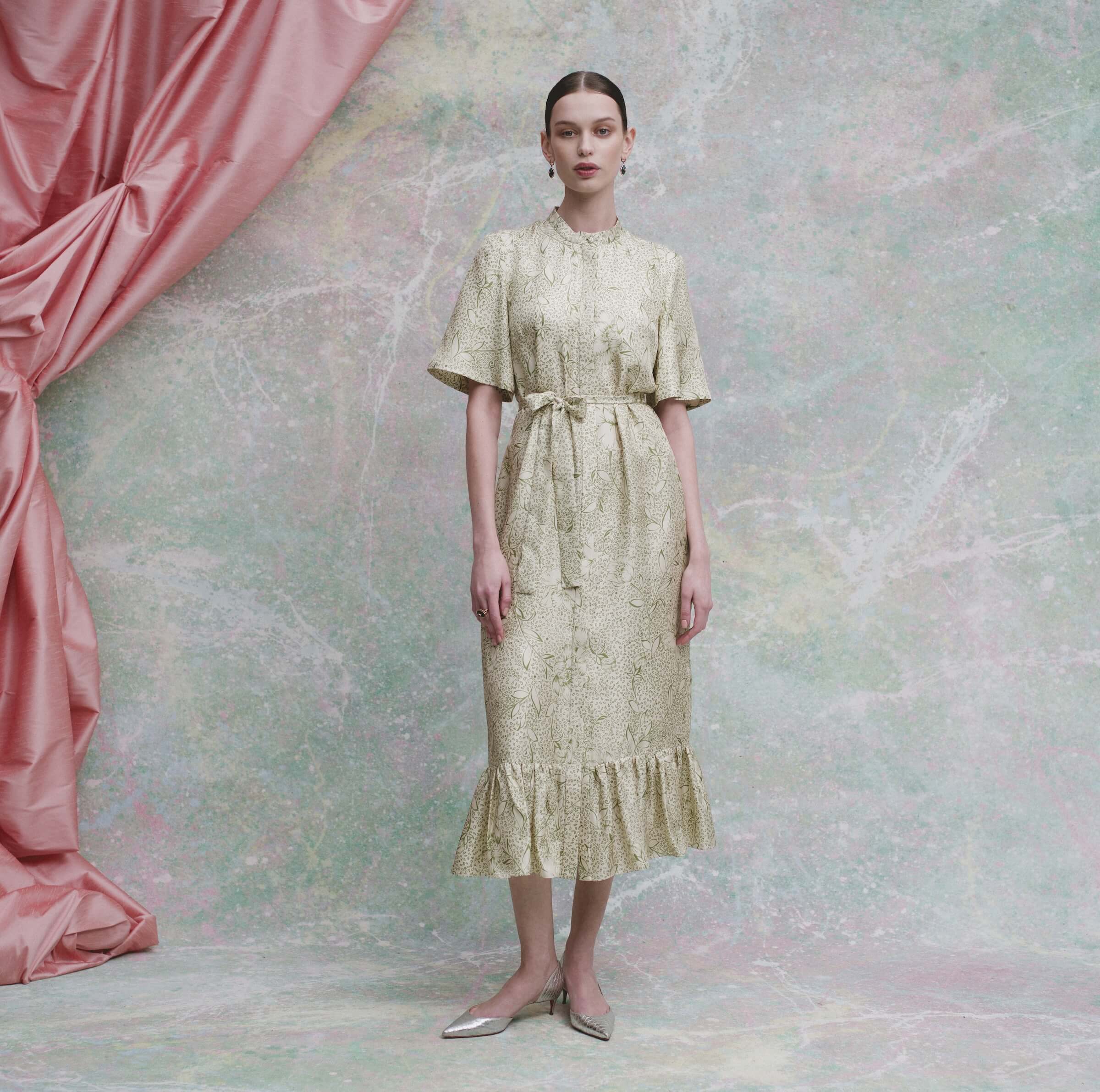 Ravello Green Floral Printed Twill Button Down Dress