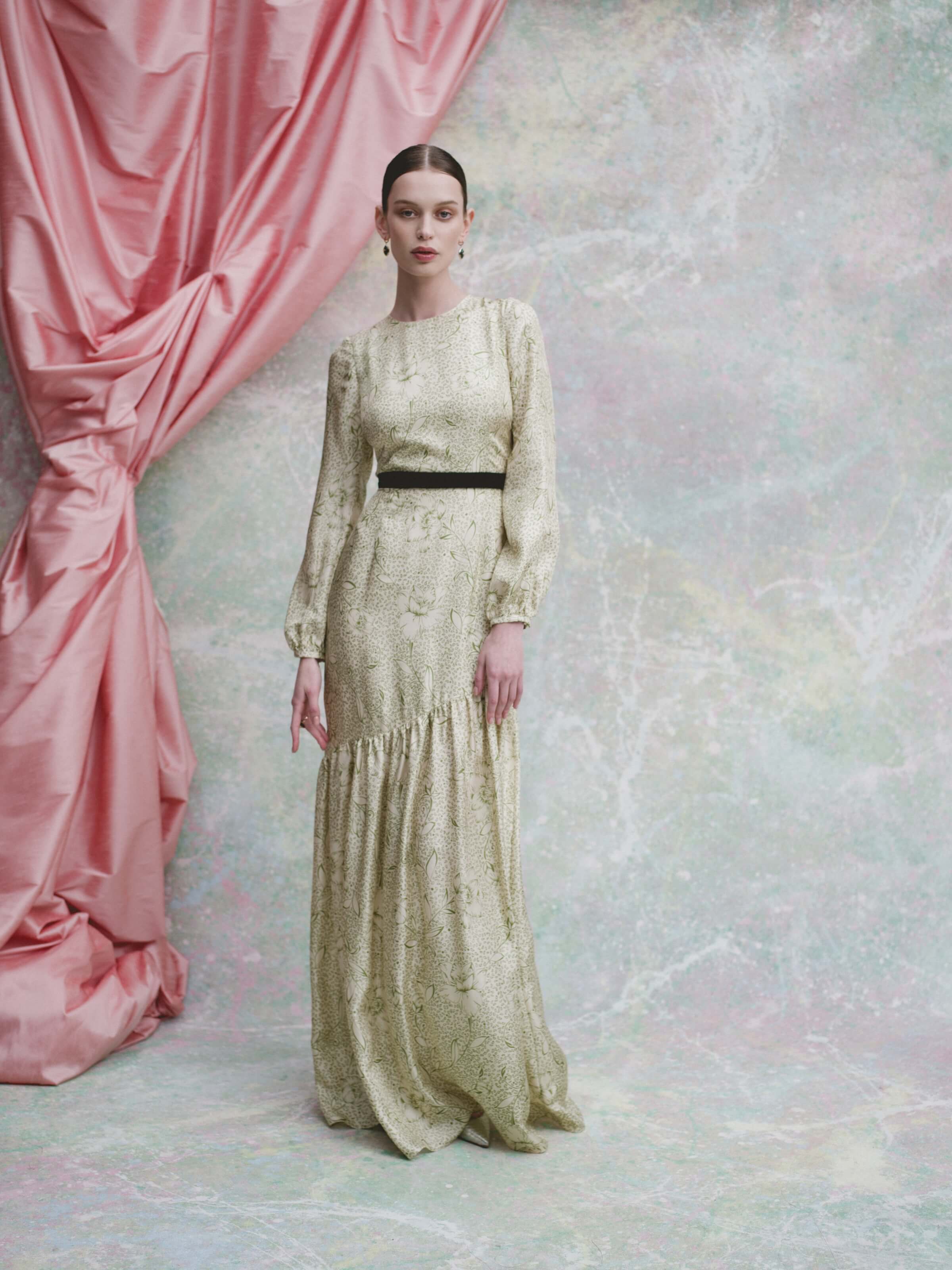 Calypso Green Floral Printed Twill Gown