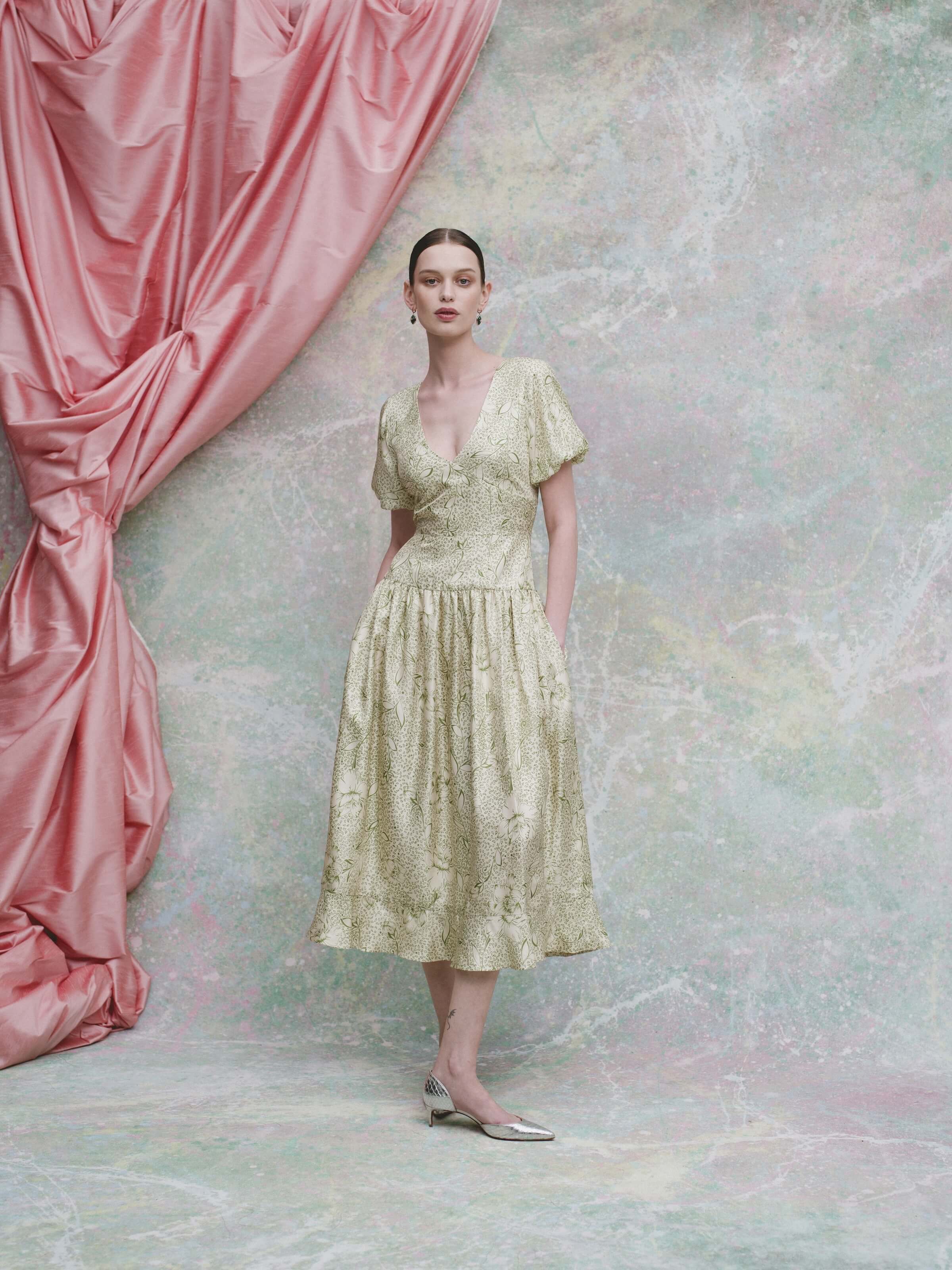 Roxane Green Floral Printed Twill Midi Dress