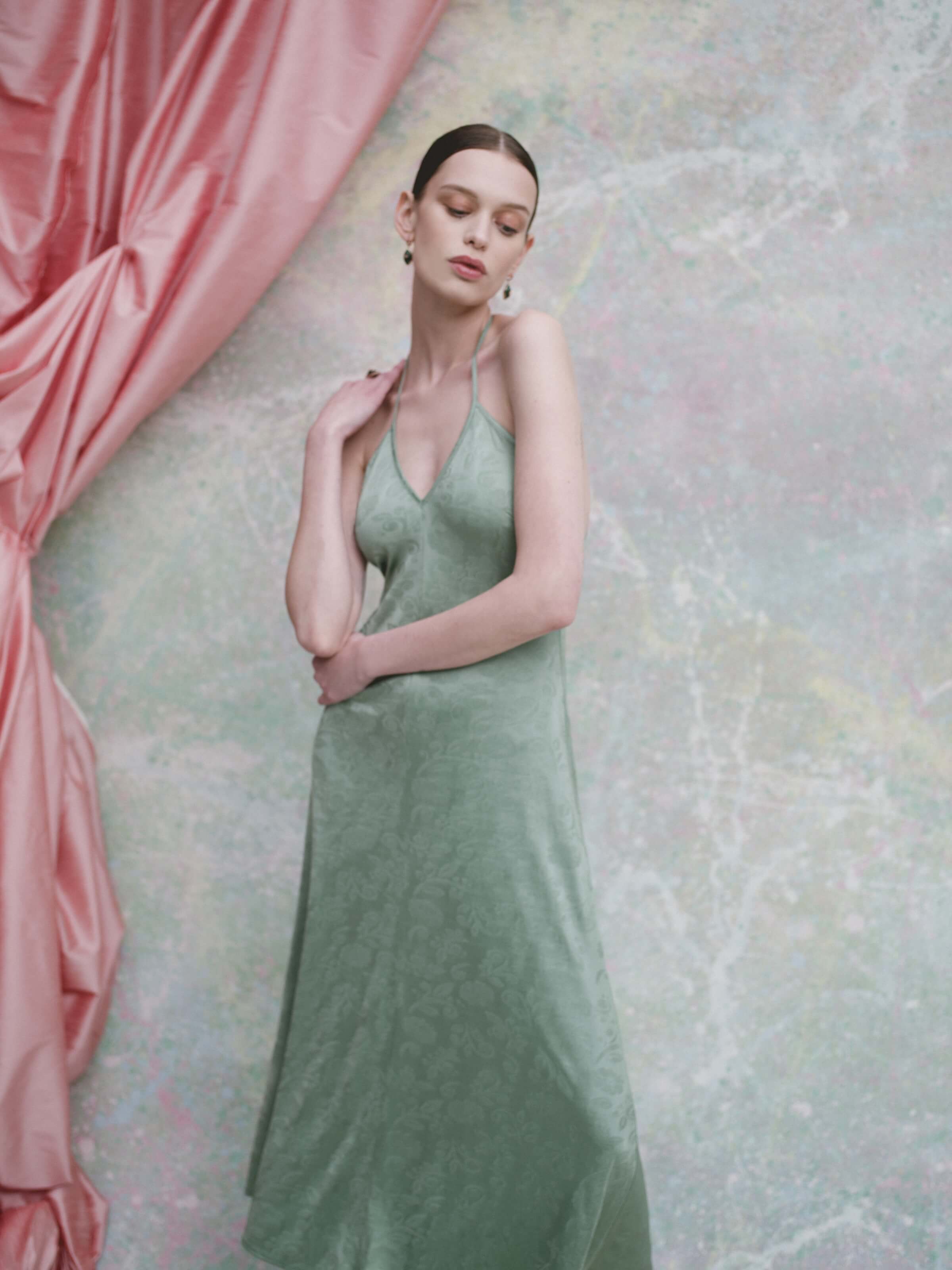 Sylvette Pistachio Green Floral Jersey Midi Dress