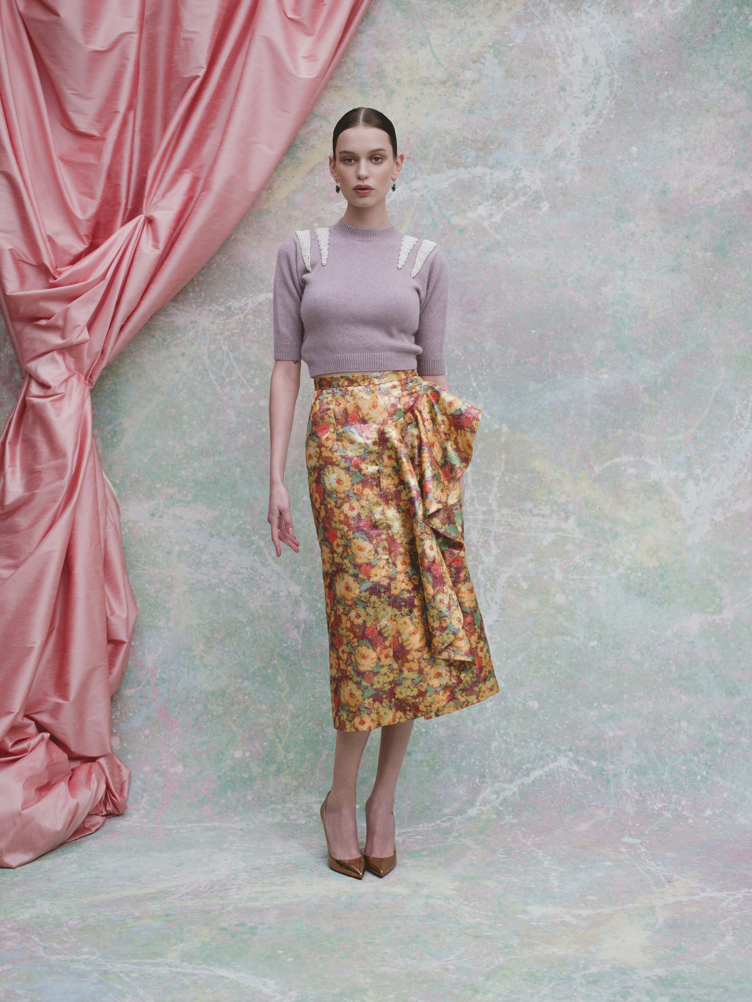 Shirley Golden Metallic Floral Ruffle Midi Skirt