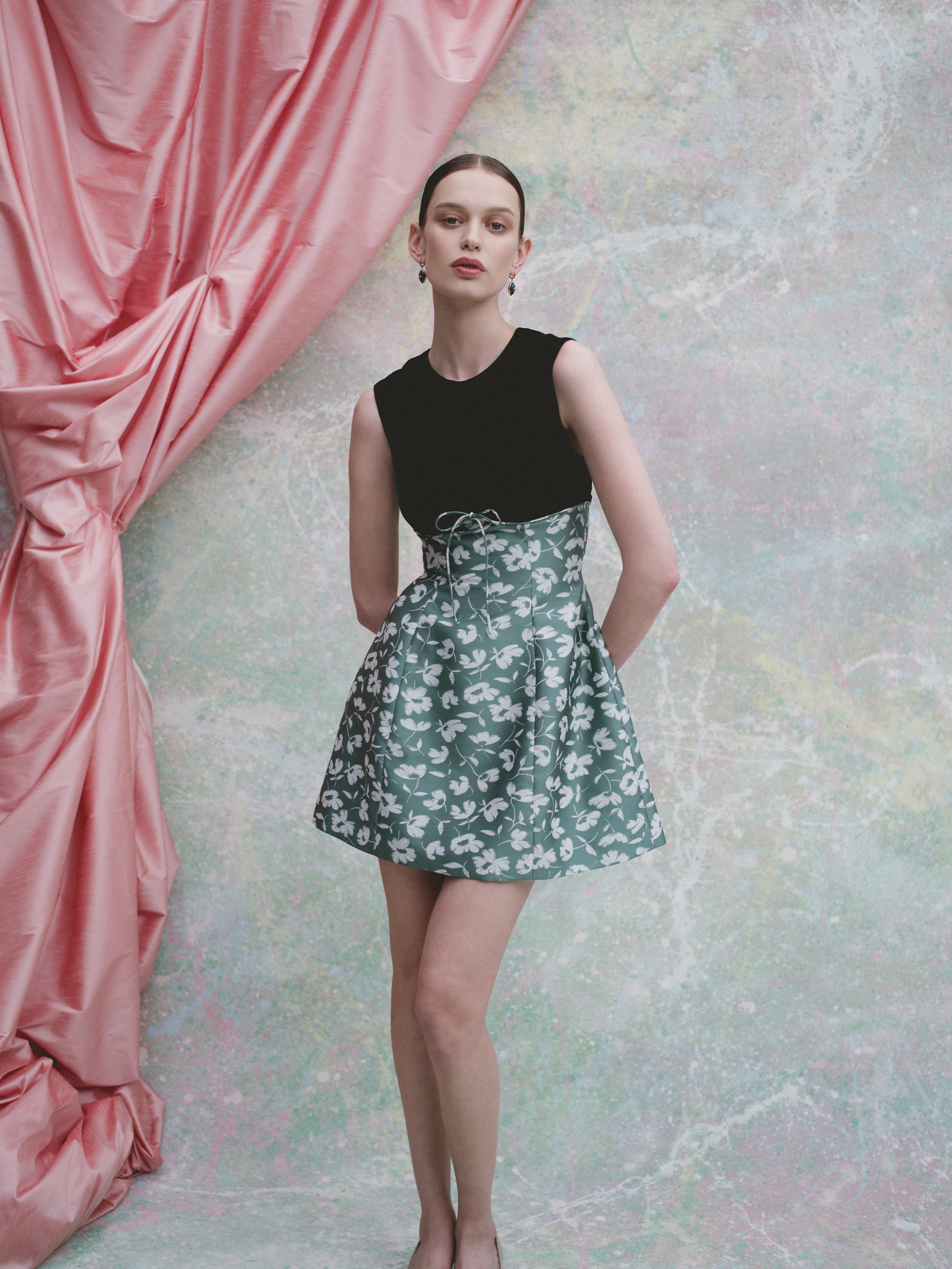 Jolie Green and White Floral Brocade Contrasting Bodice Mini Dress