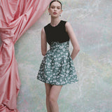 Jolie Green and White Floral Brocade Contrasting Bodice Mini Dress