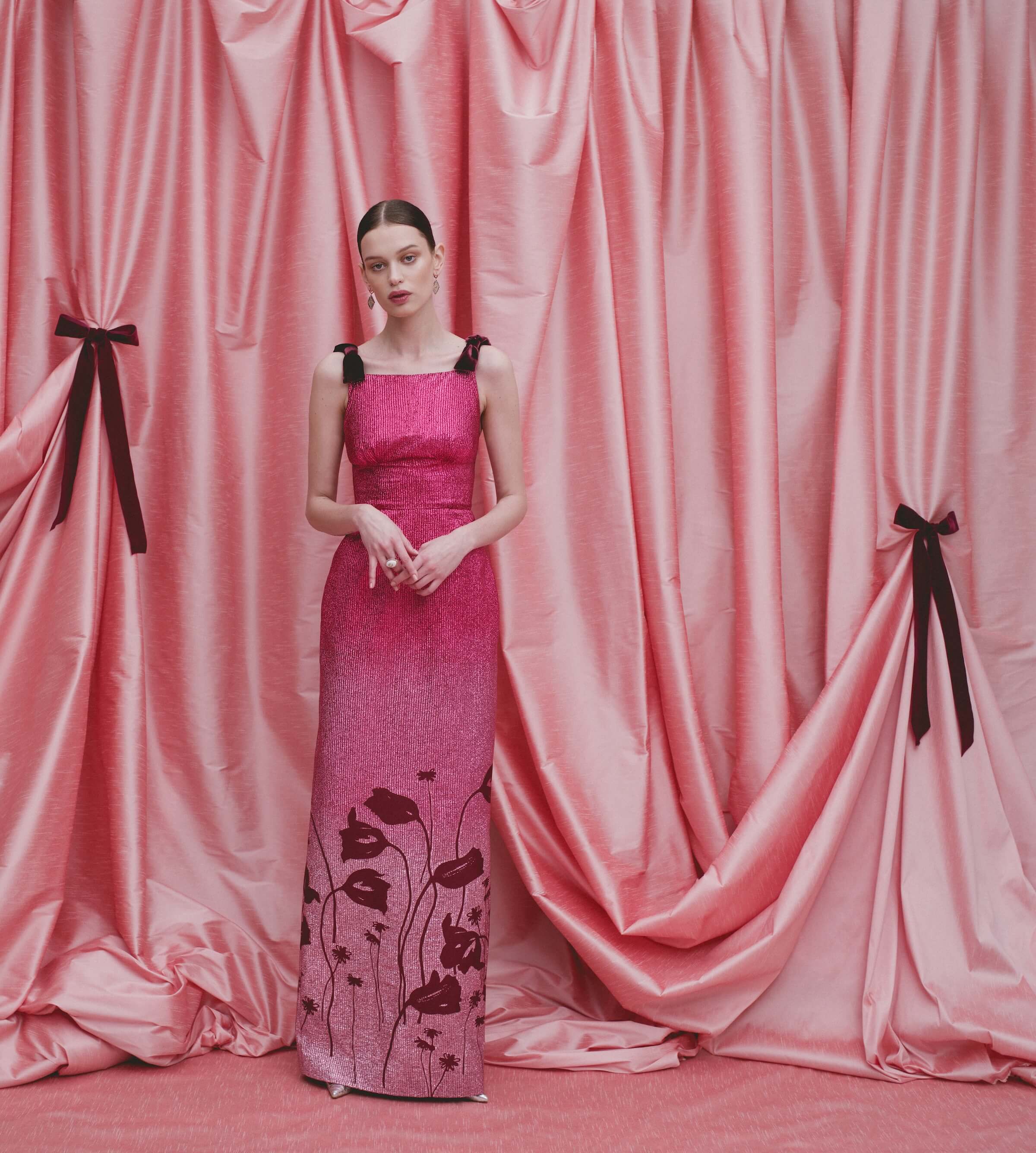 Solange Metallic Pink Floral Ombre Gown