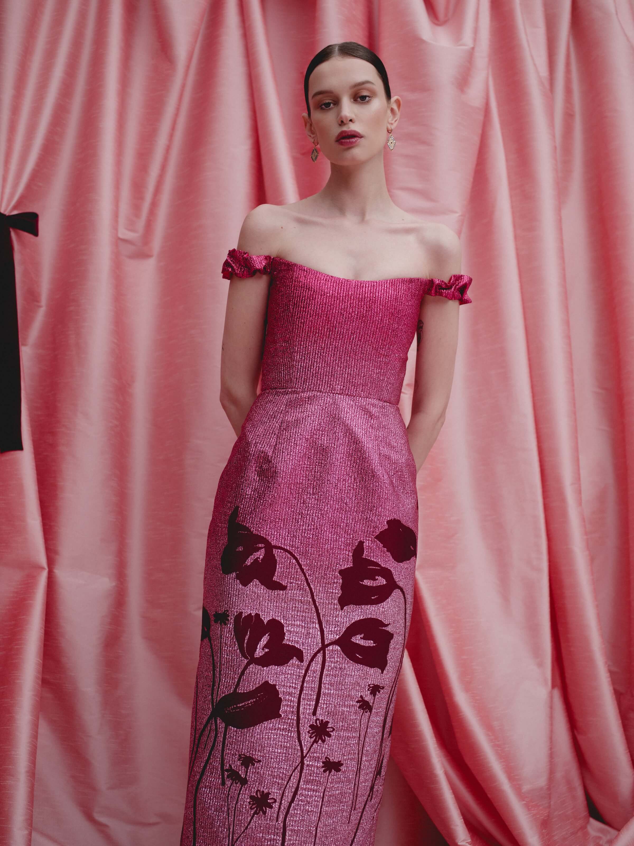 Amina Metallic Pink Floral Ombre Midi Dress