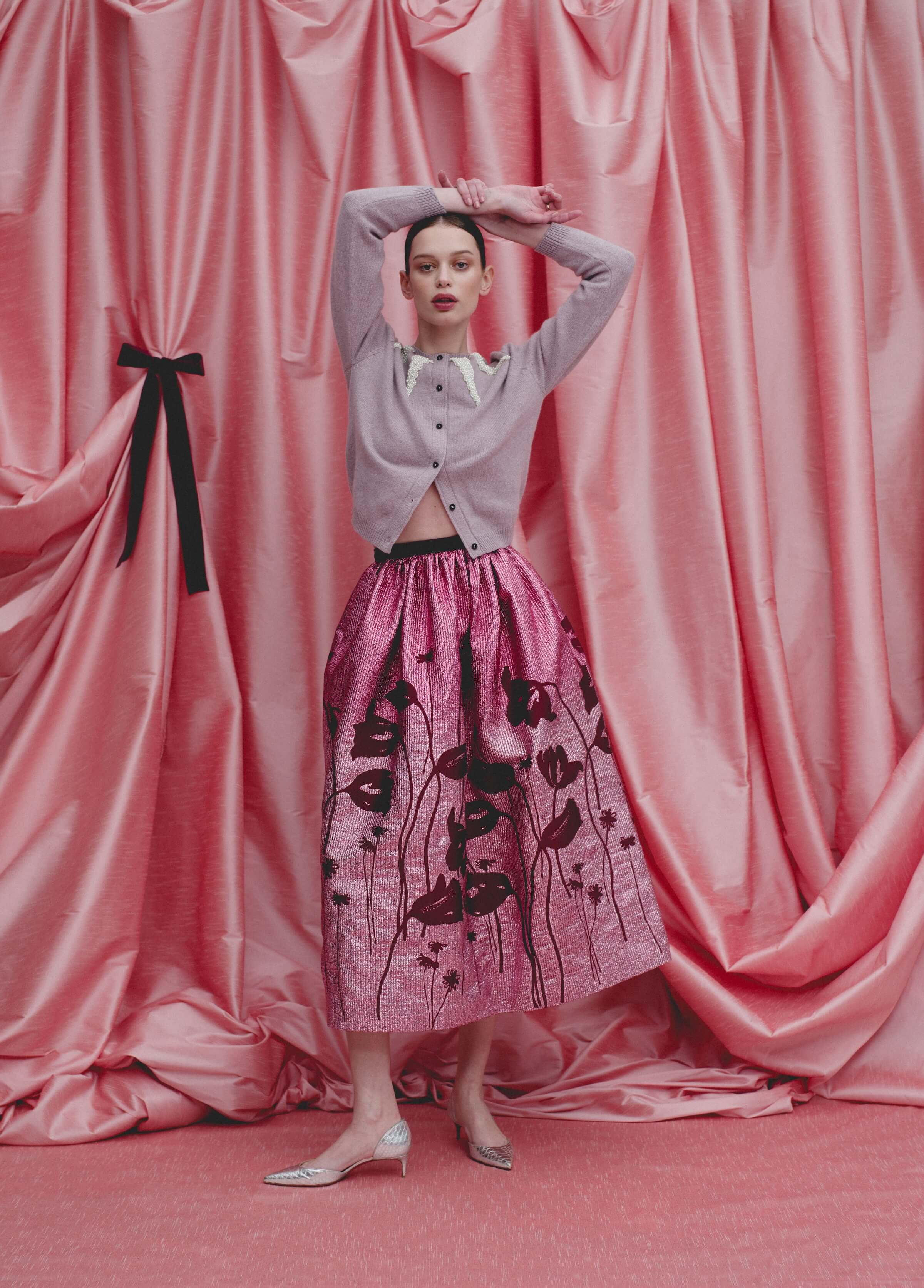 Cherie Metallic Pink Floral Ombre Full Midi Skirt