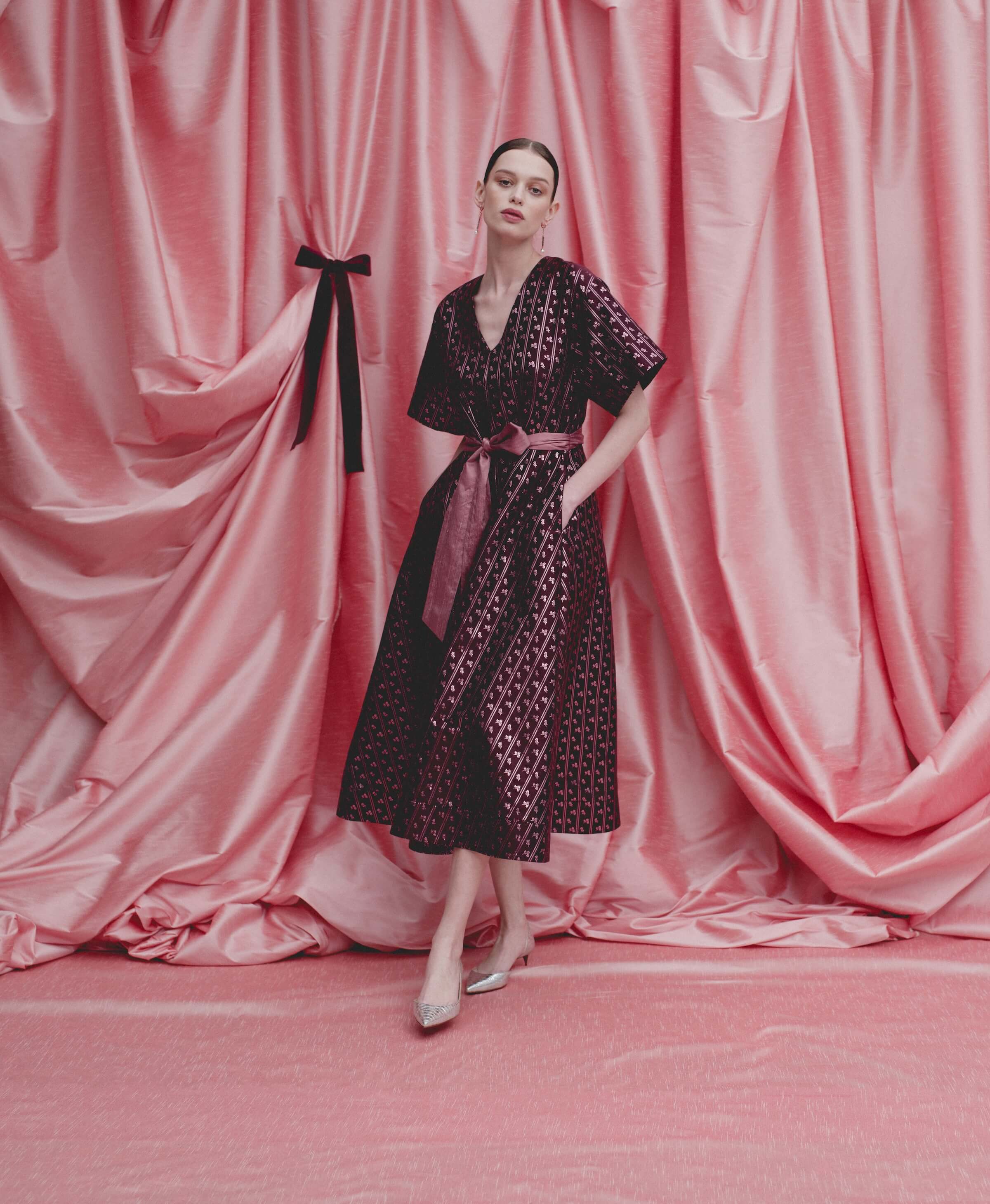 Lutetia Burgundy Floral Stripe Midi Dress