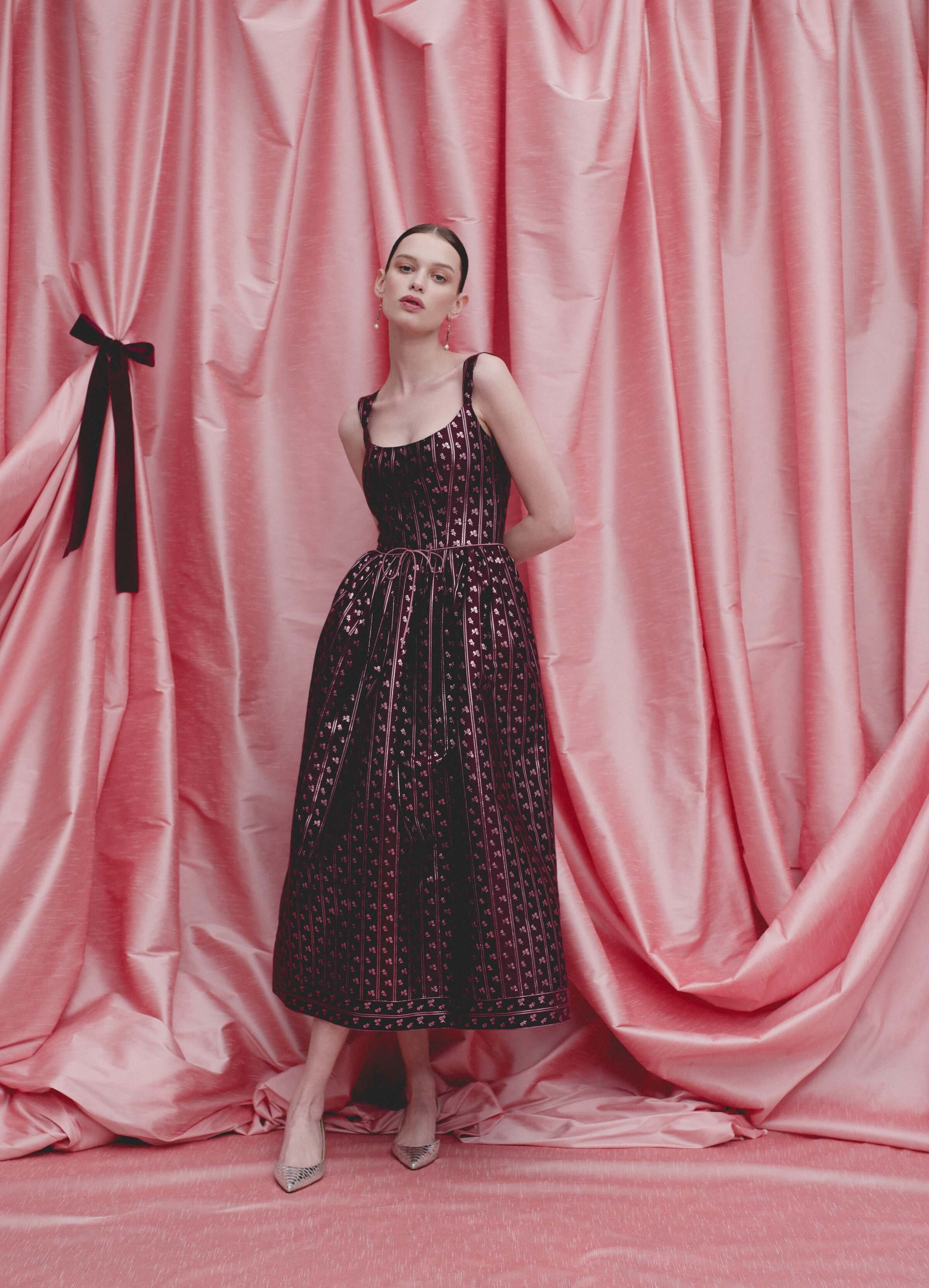 Apple Burgundy Floral Stripe Midi Dress