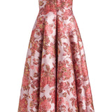 Rousseau Pink Metallic Floral Strapless Midi Dress