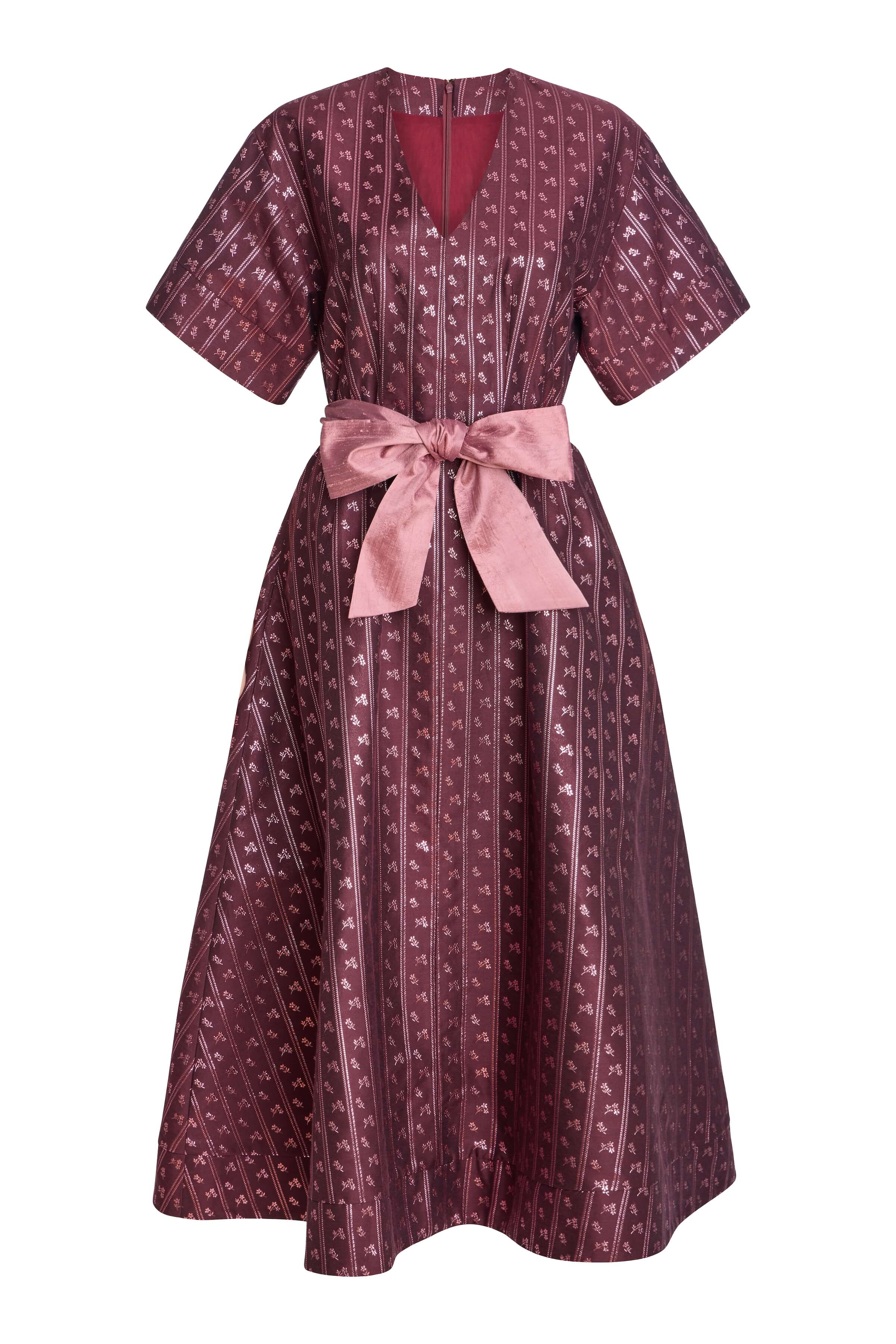 Lutetia Burgundy Floral Stripe Midi Dress