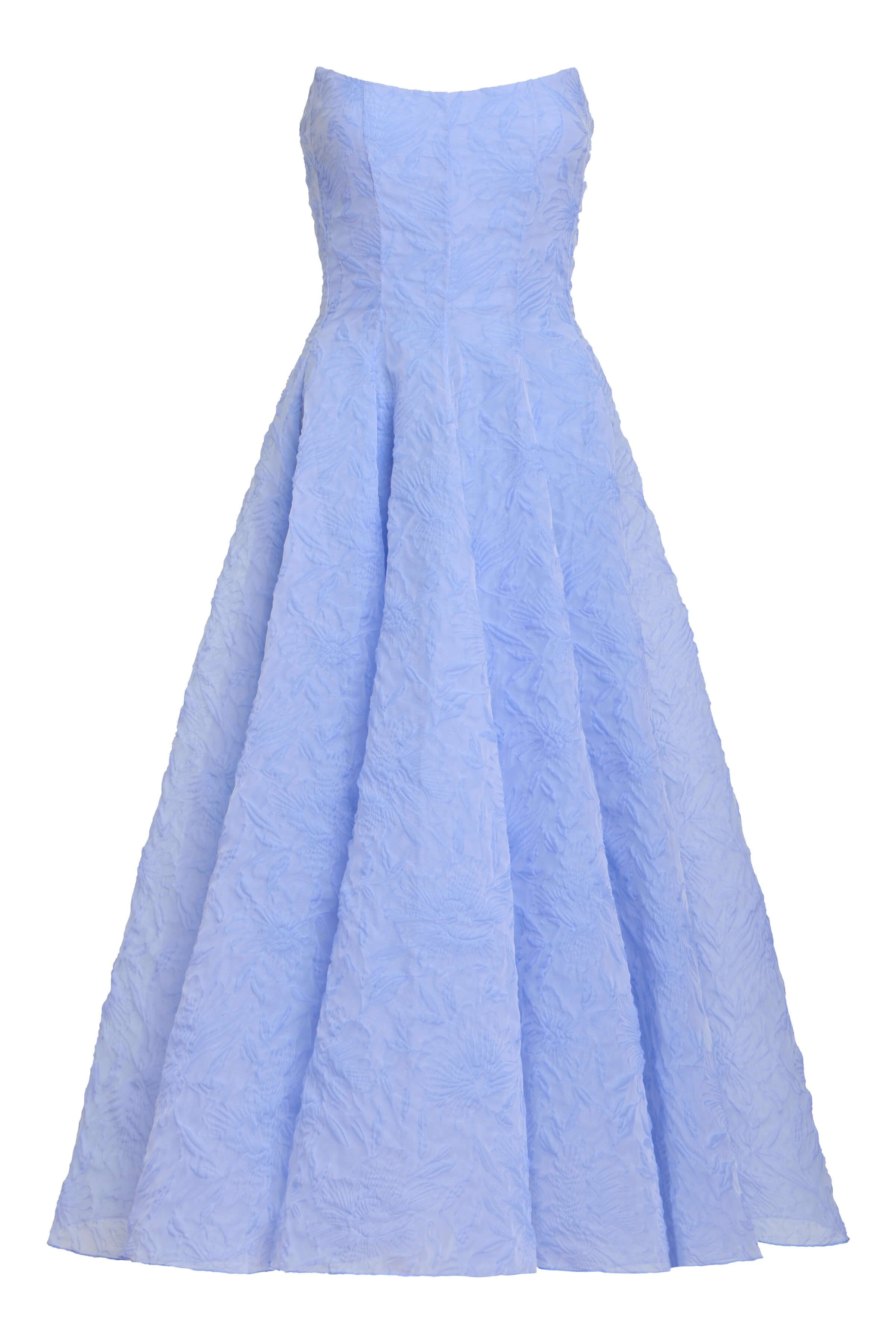 Rousseau Powder Blue Floral Cloque Midi Dress