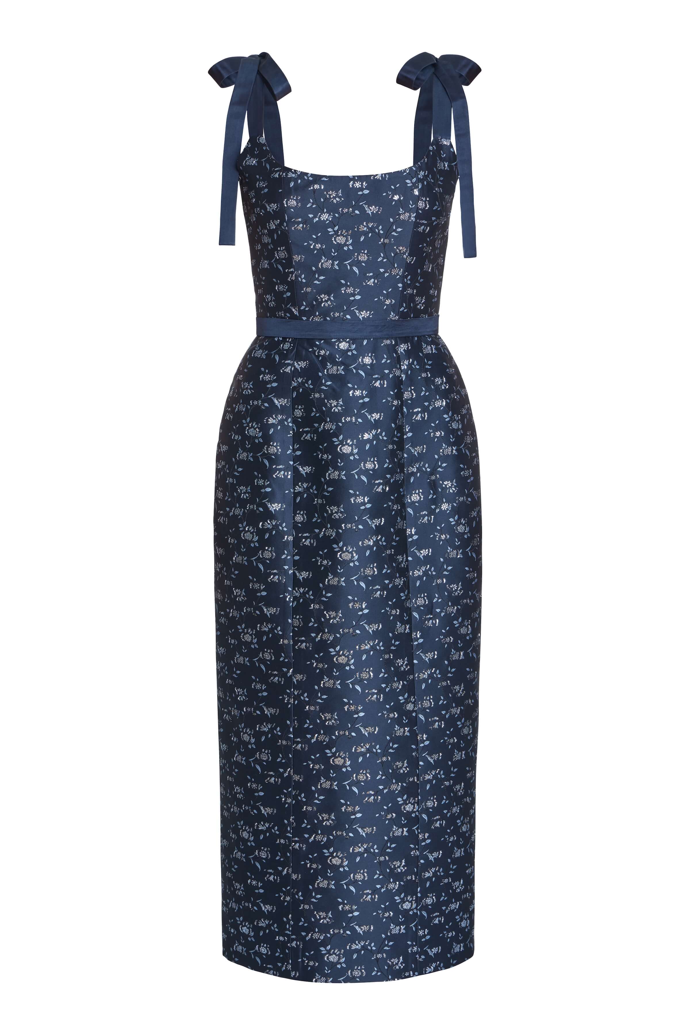 Acacia Navy Floral Brocade Corset Midi Dress