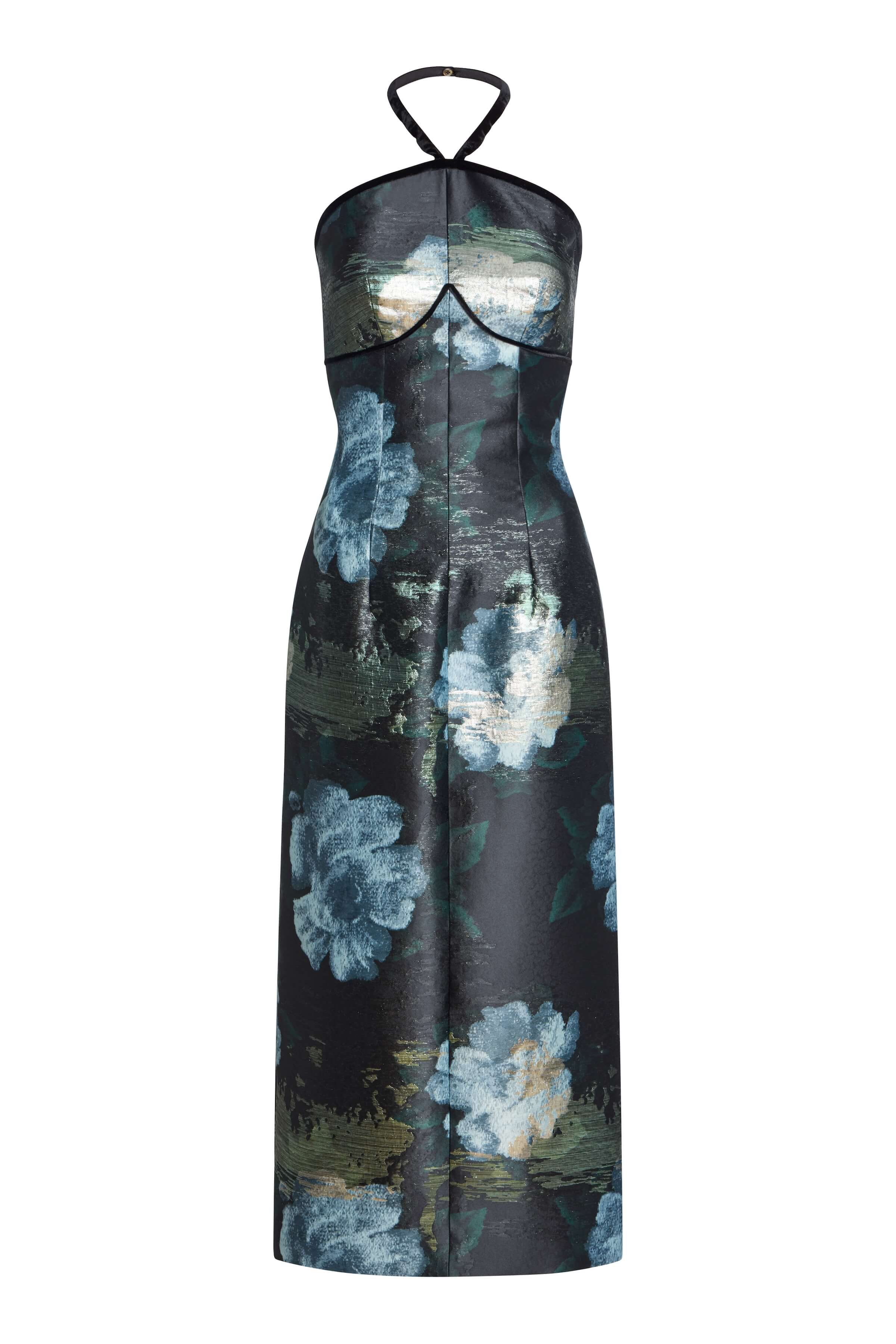 Domino Metallic Watercolor Floral Brocade Halter Midi Dress