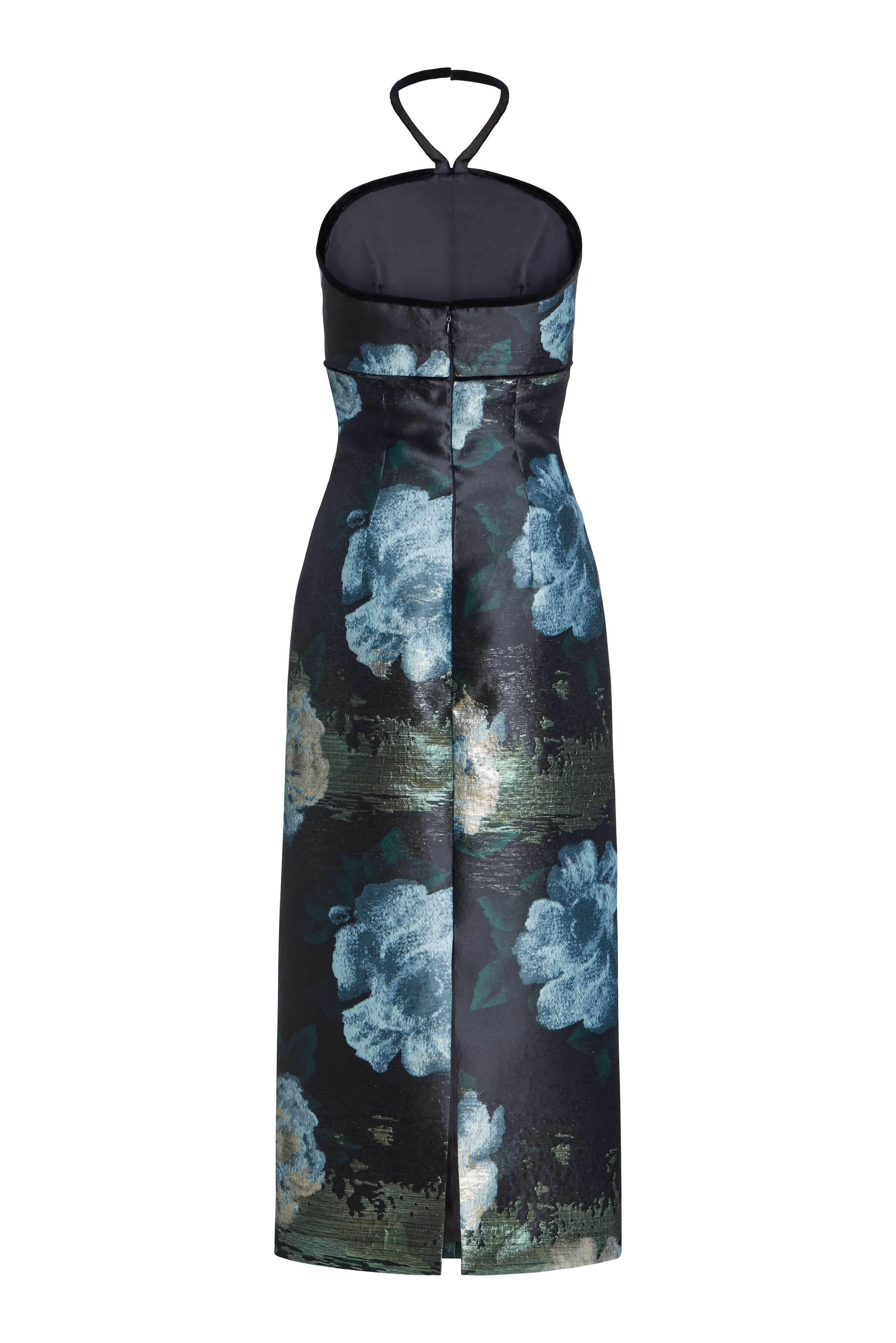 Domino Metallic Watercolor Floral Brocade Halter Midi Dress