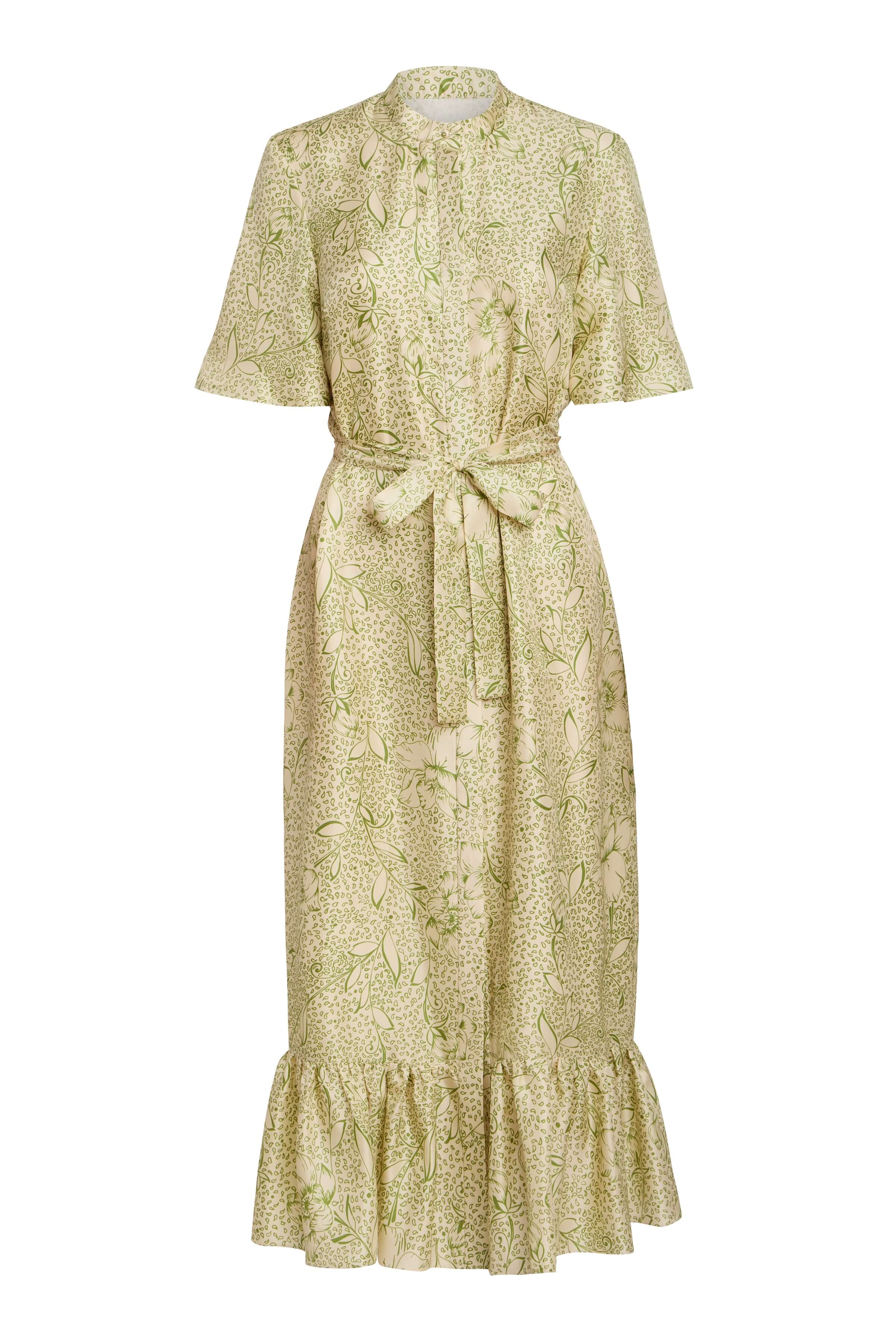 Ravello Green Floral Printed Twill Button Down Dress