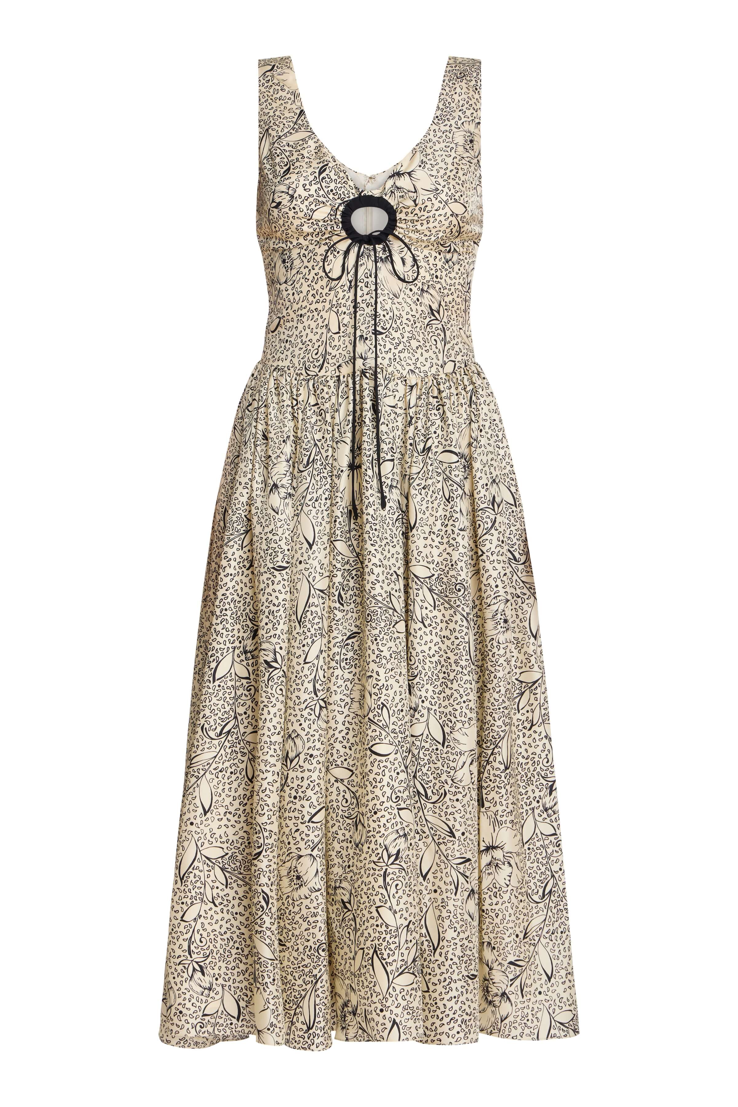 Penelope Black Floral Printed Twill Keyhole Midi Dress