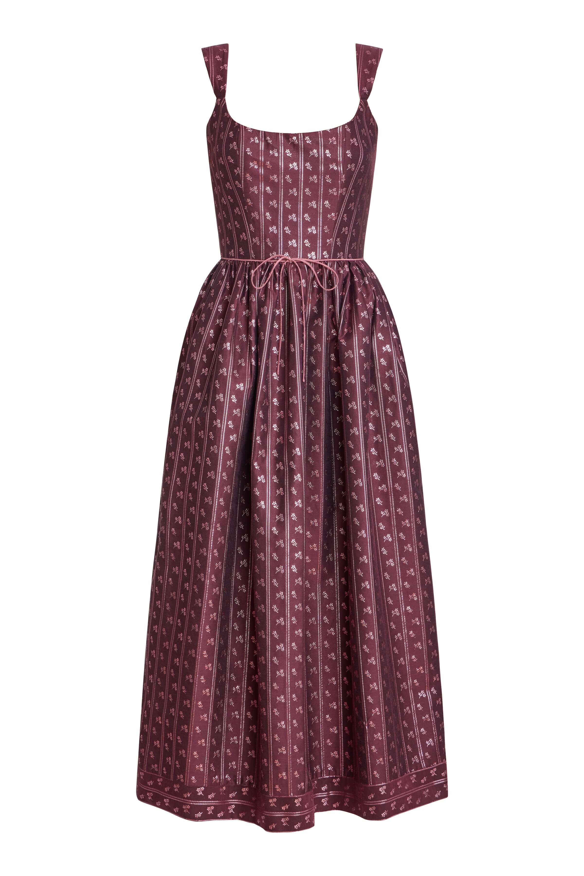 Apple Burgundy Floral Stripe Midi Dress