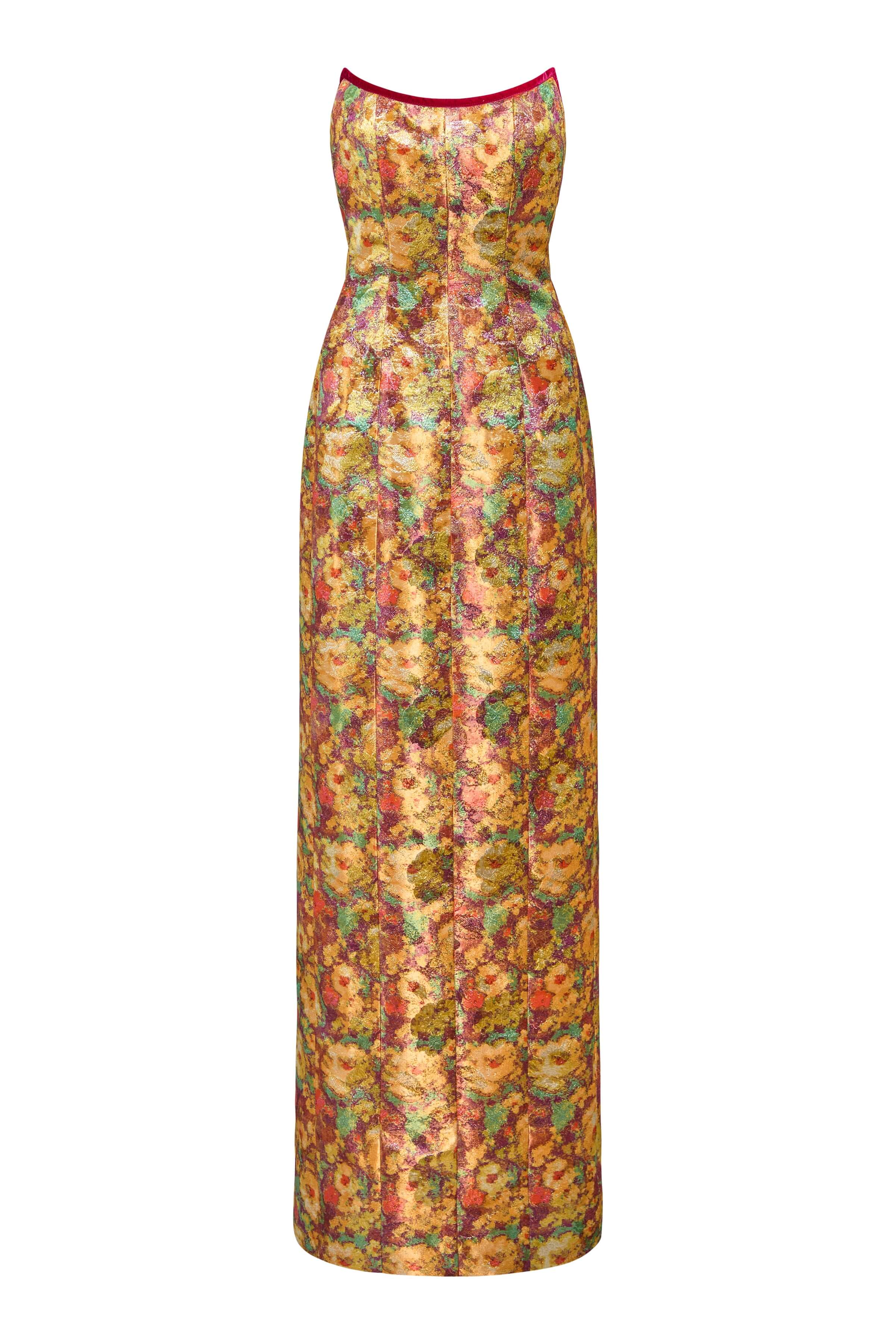 Odessa Golden Metallic Floral Column Gown