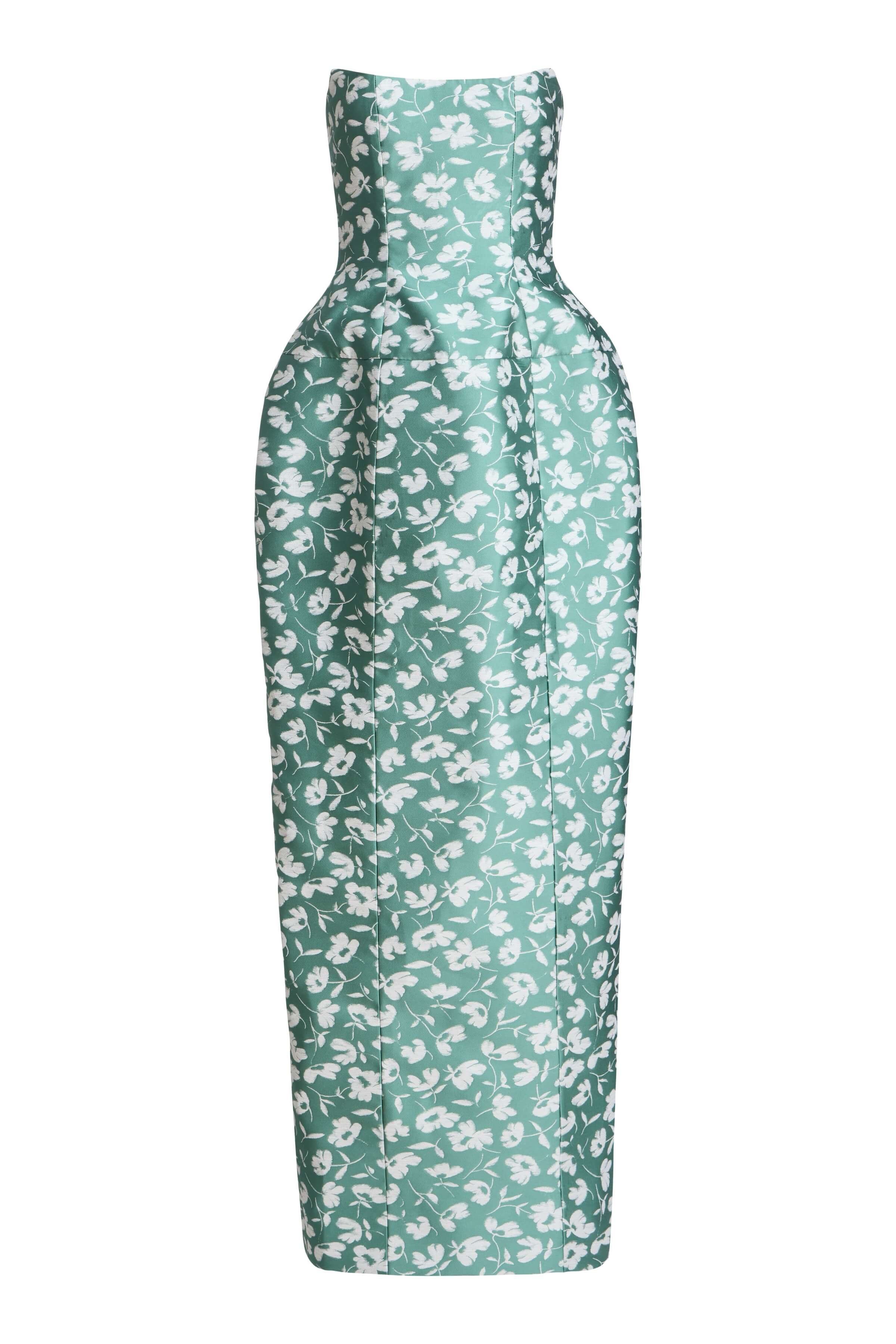 Marianne Green and White Floral Brocade Gown