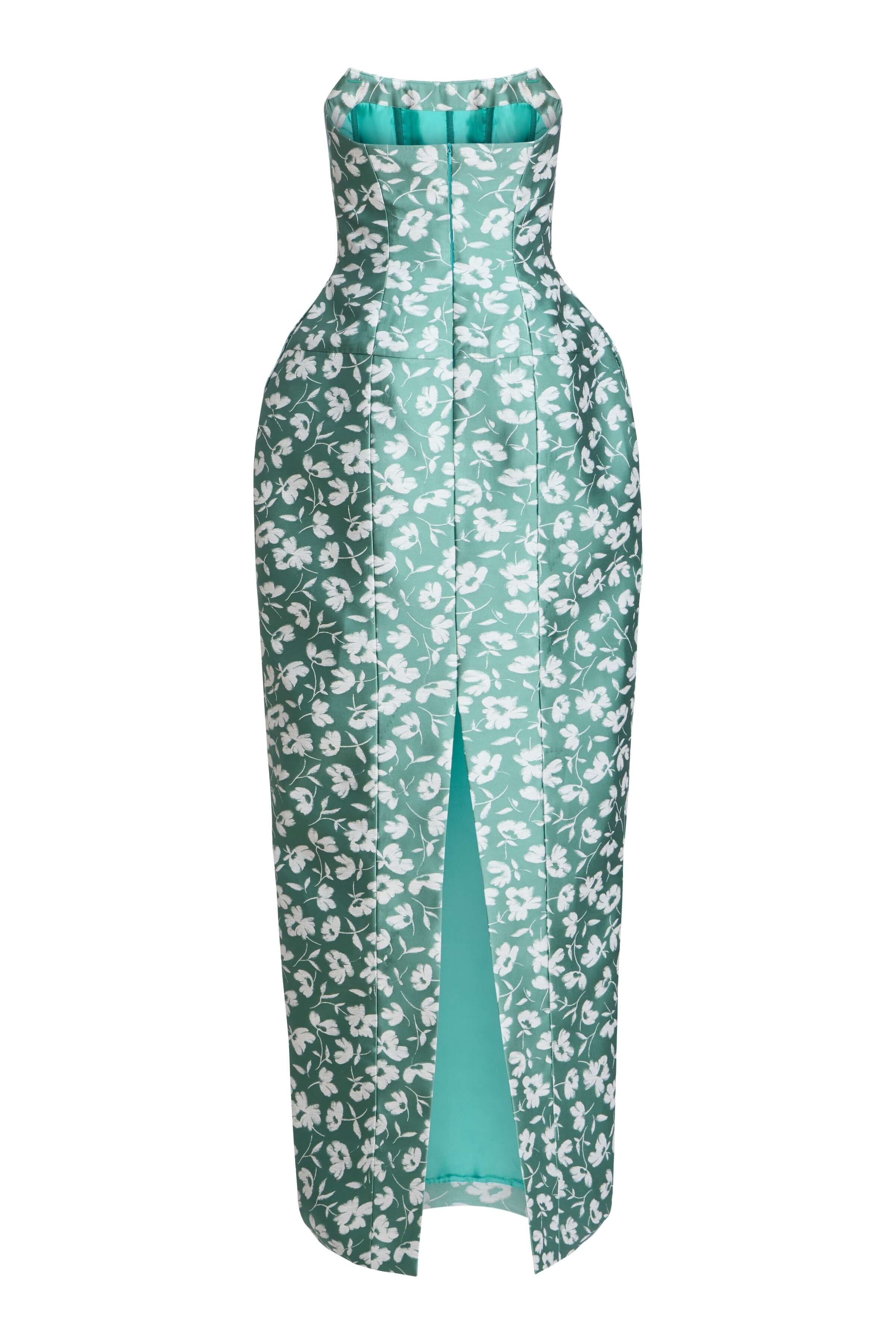 Marianne Green and White Floral Brocade Gown