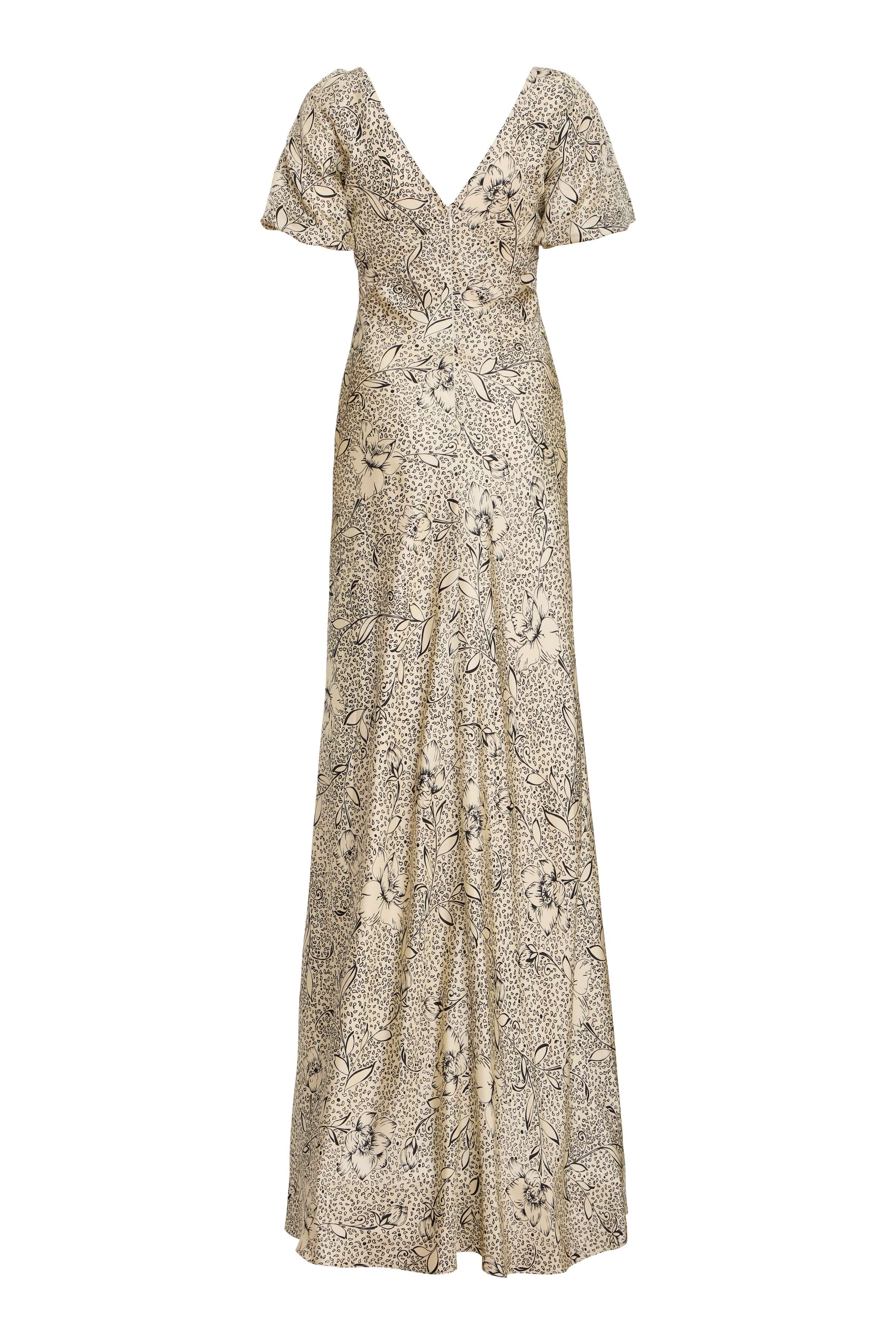 Lilou Black Floral Printed Twill V-Neck Gown