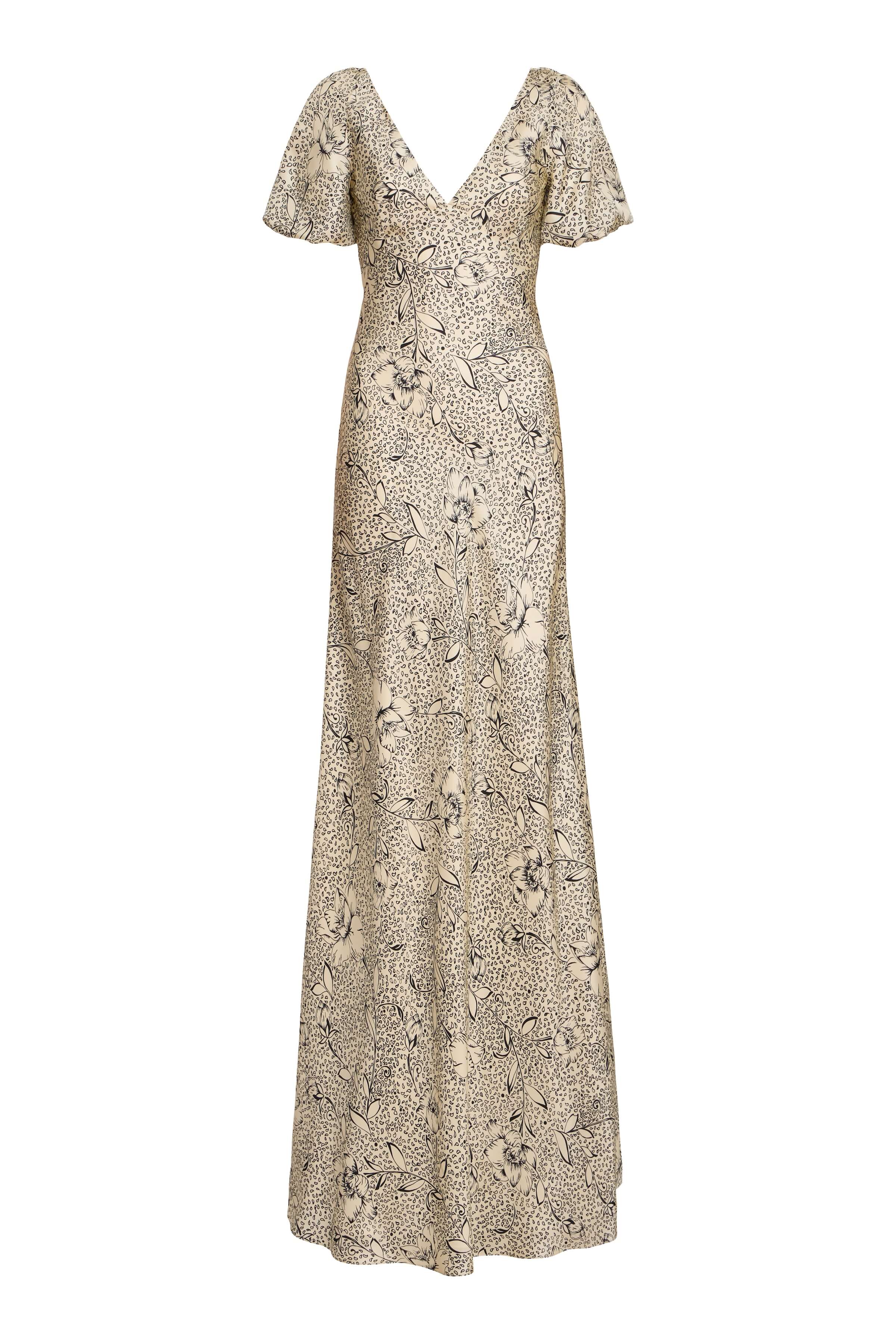 Lilou Black Floral Printed Twill V-Neck Gown