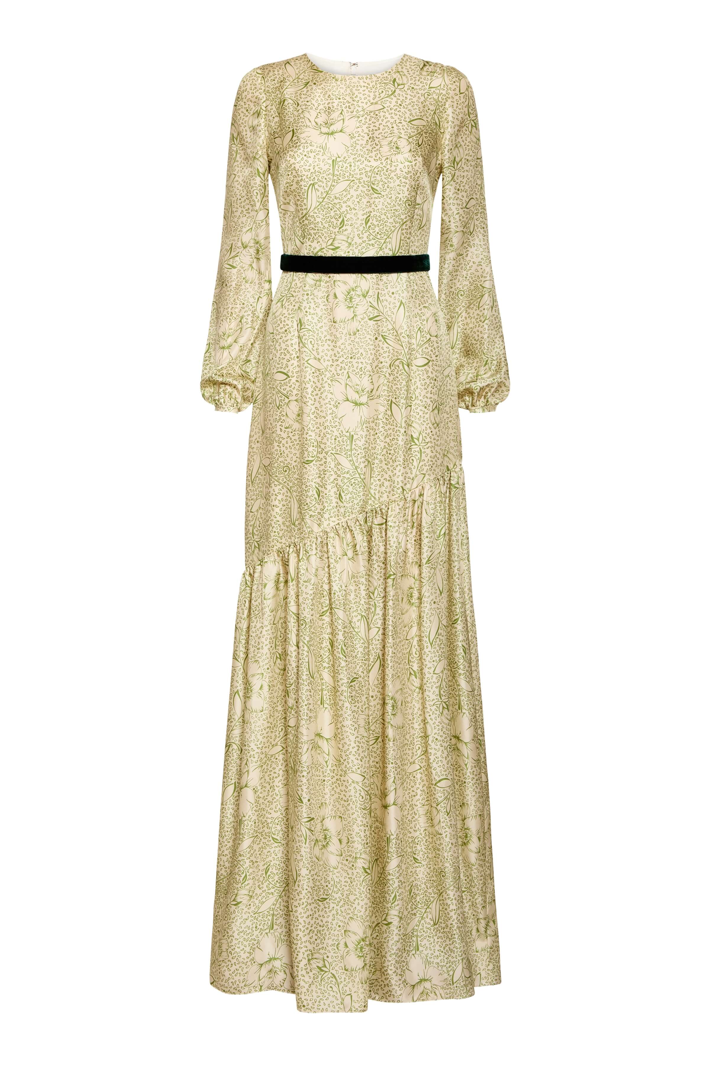 Calypso Green Floral Printed Twill Gown