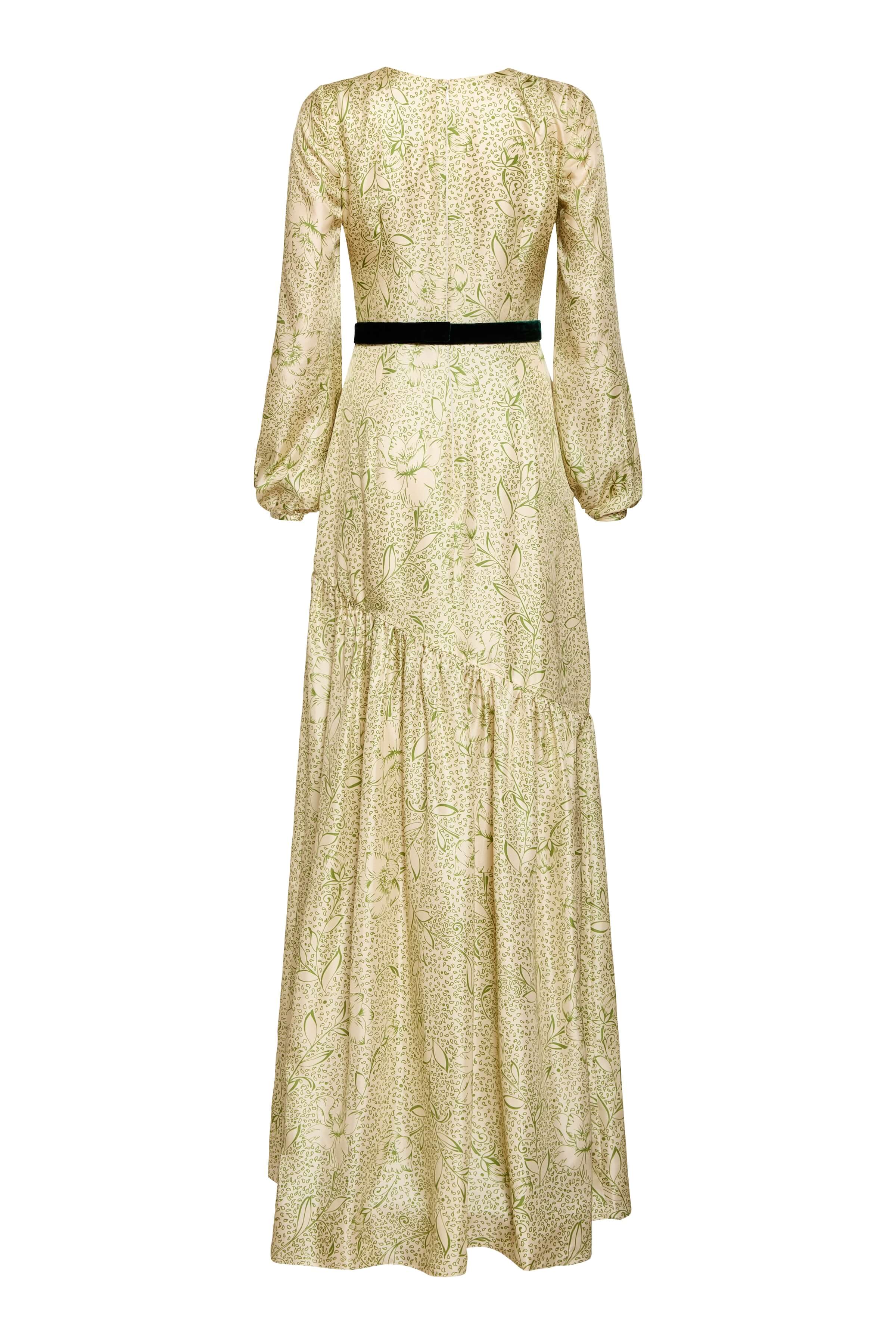 Calypso Green Floral Printed Twill Gown