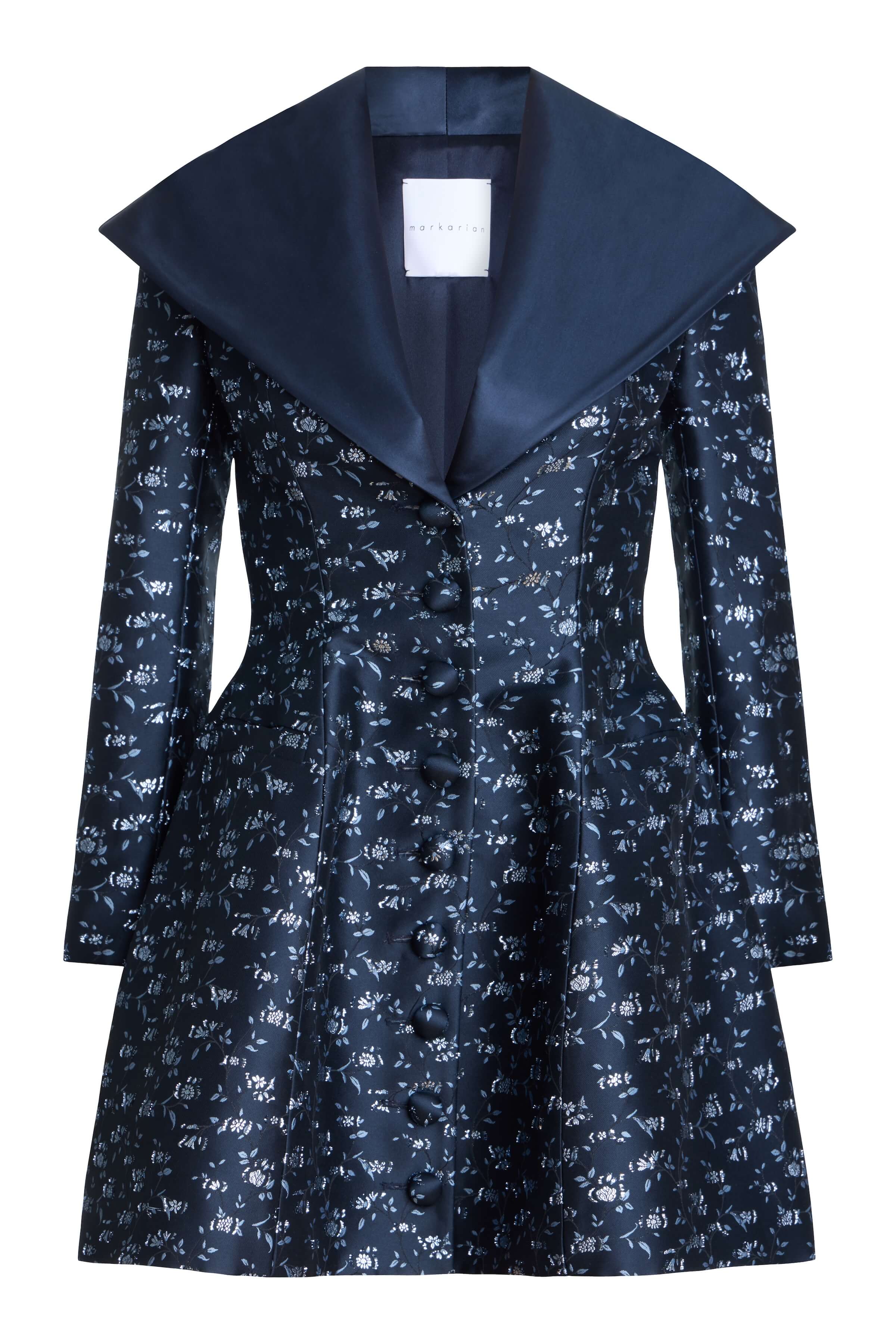 Serge Navy Floral Brocade Mini Coat Dress