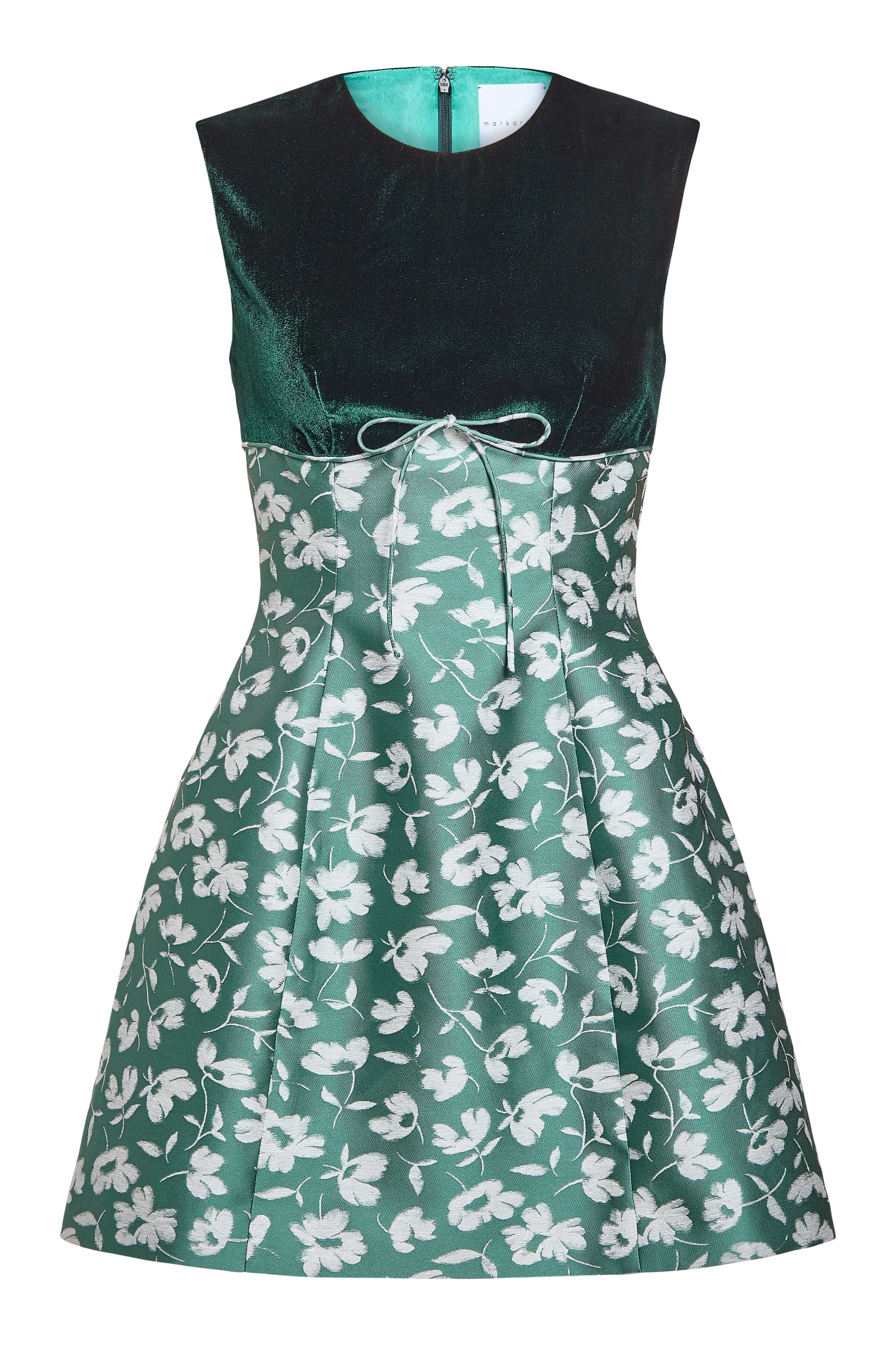 Jolie Green and White Floral Brocade Contrasting Bodice Mini Dress