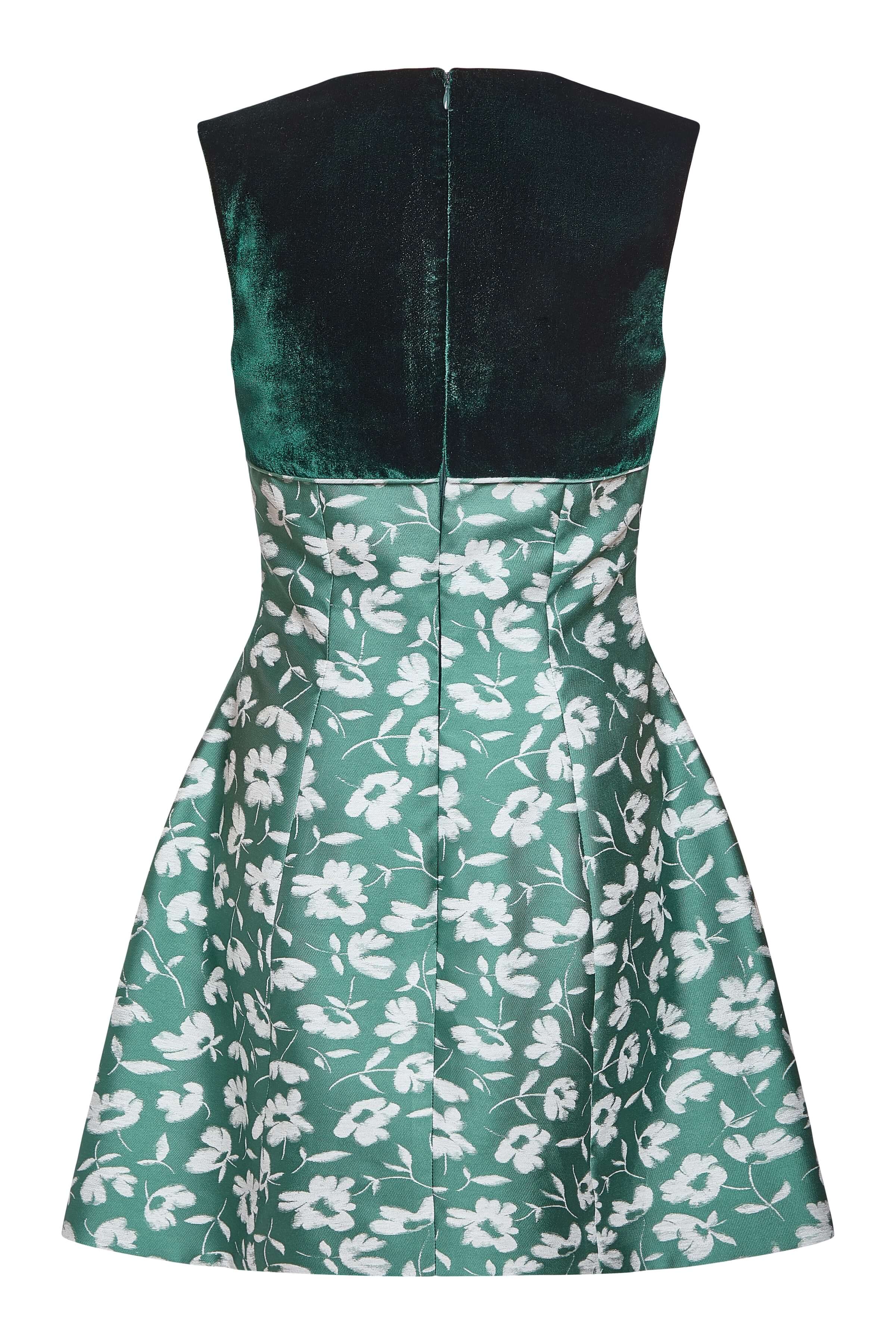 Jolie Green and White Floral Brocade Contrasting Bodice Mini Dress