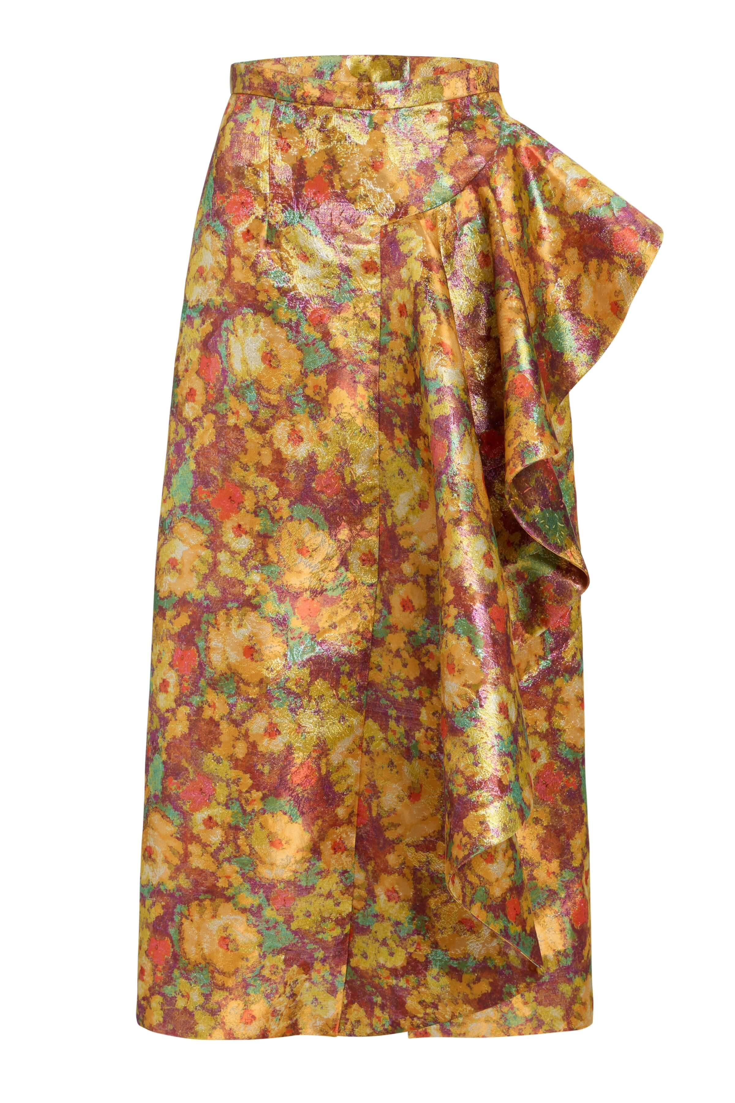 Shirley Golden Metallic Floral Ruffle Midi Skirt