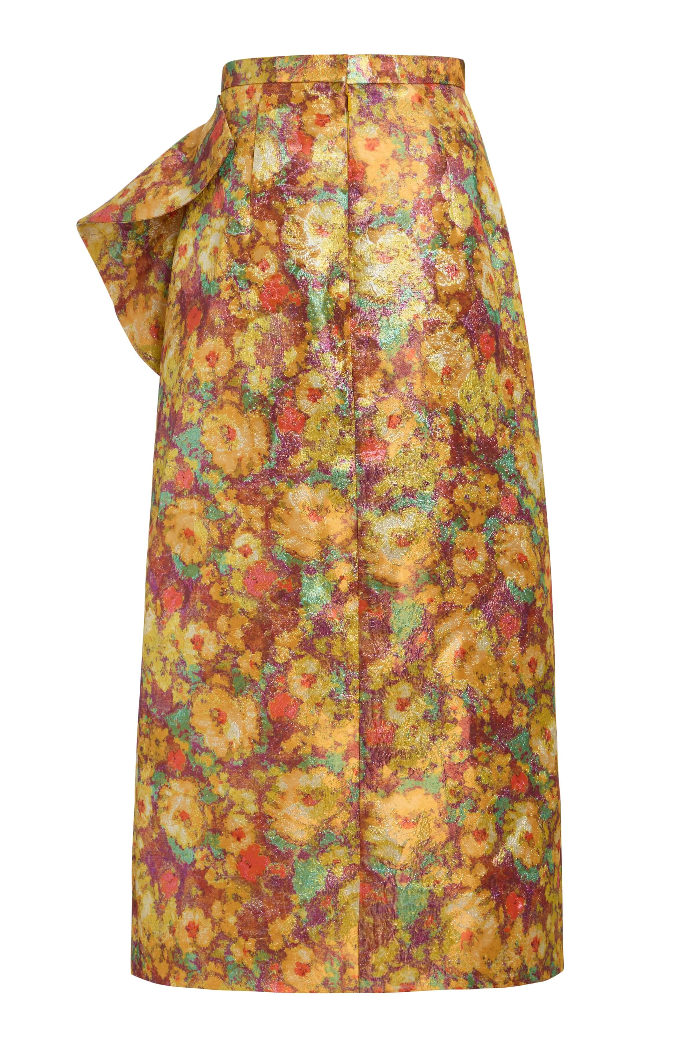 Shirley Golden Metallic Floral Ruffle Midi Skirt