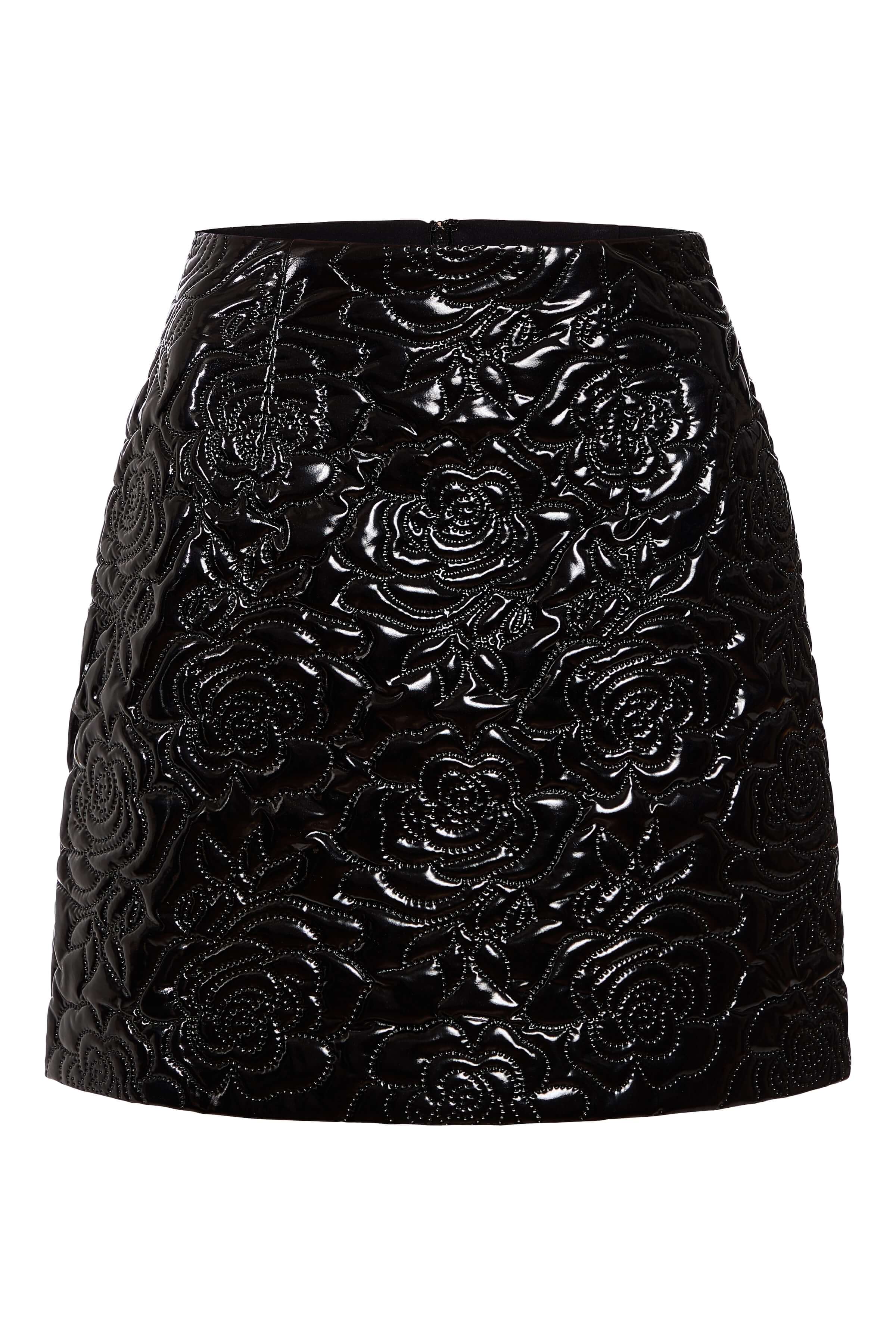 Linette Black Rose Quilted Patent Mini Skirt