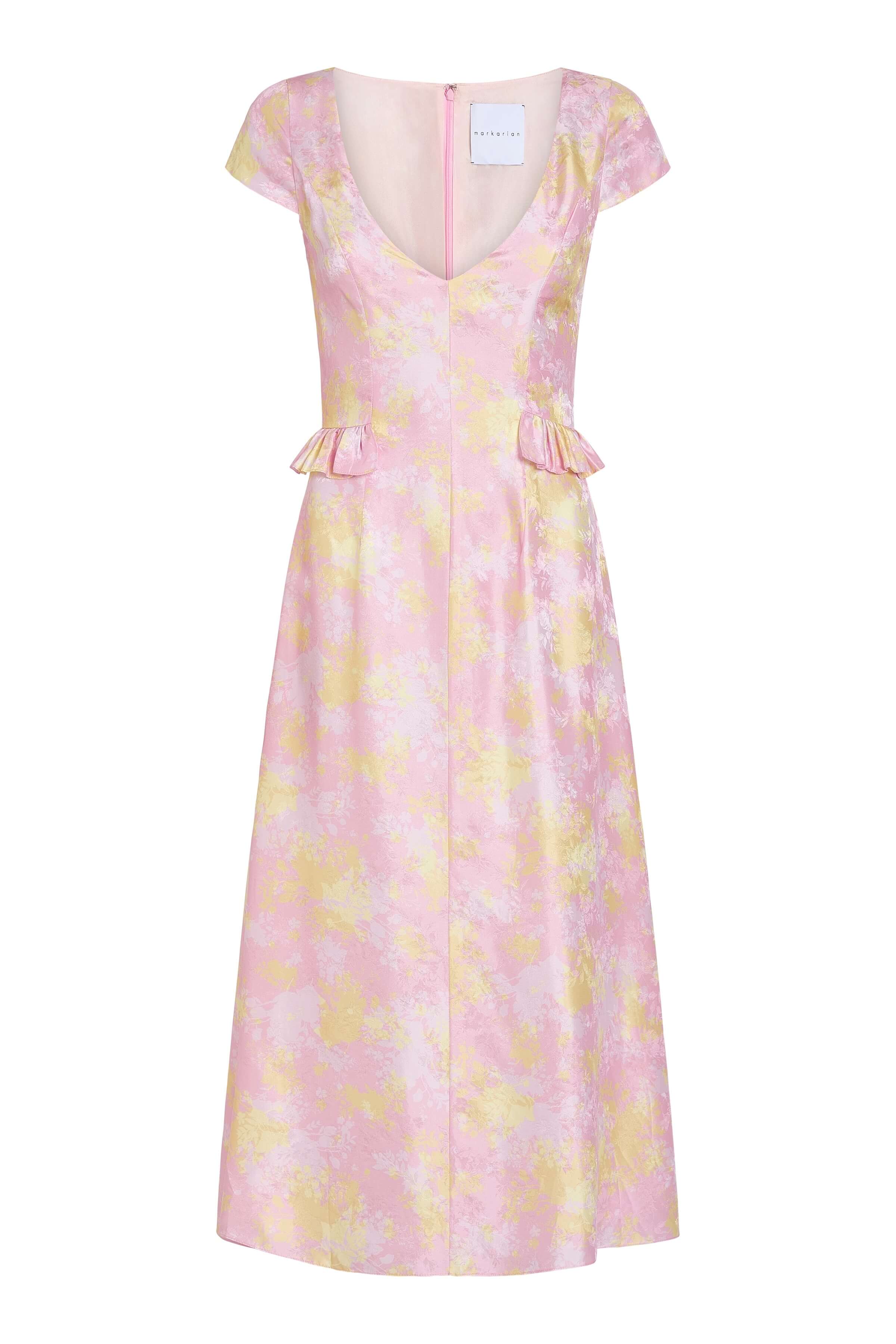 Ruthie Floral Satin Waist Ruffle Midi Dress