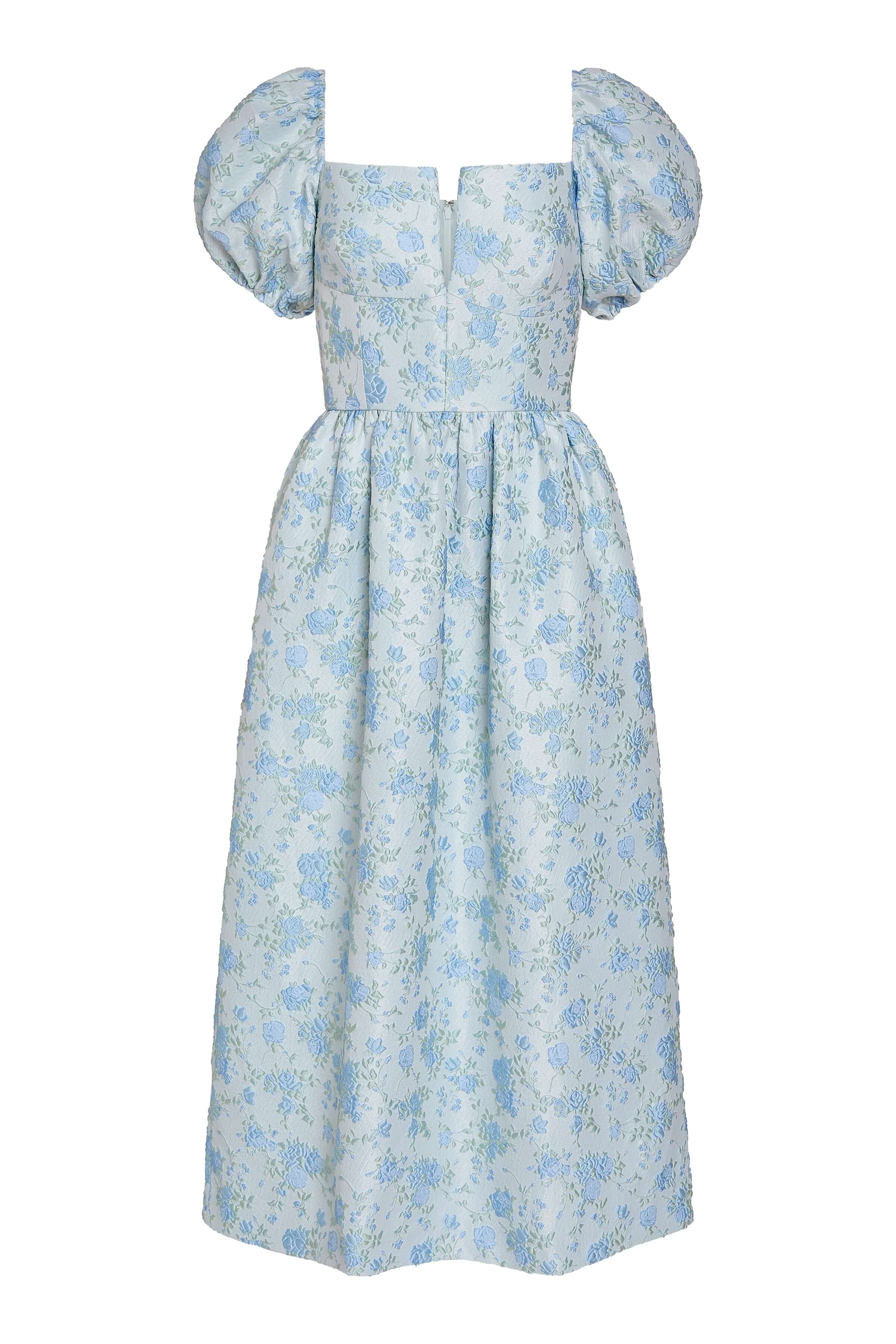 Lillian Cornflower And Mint Brocade Midi Dress