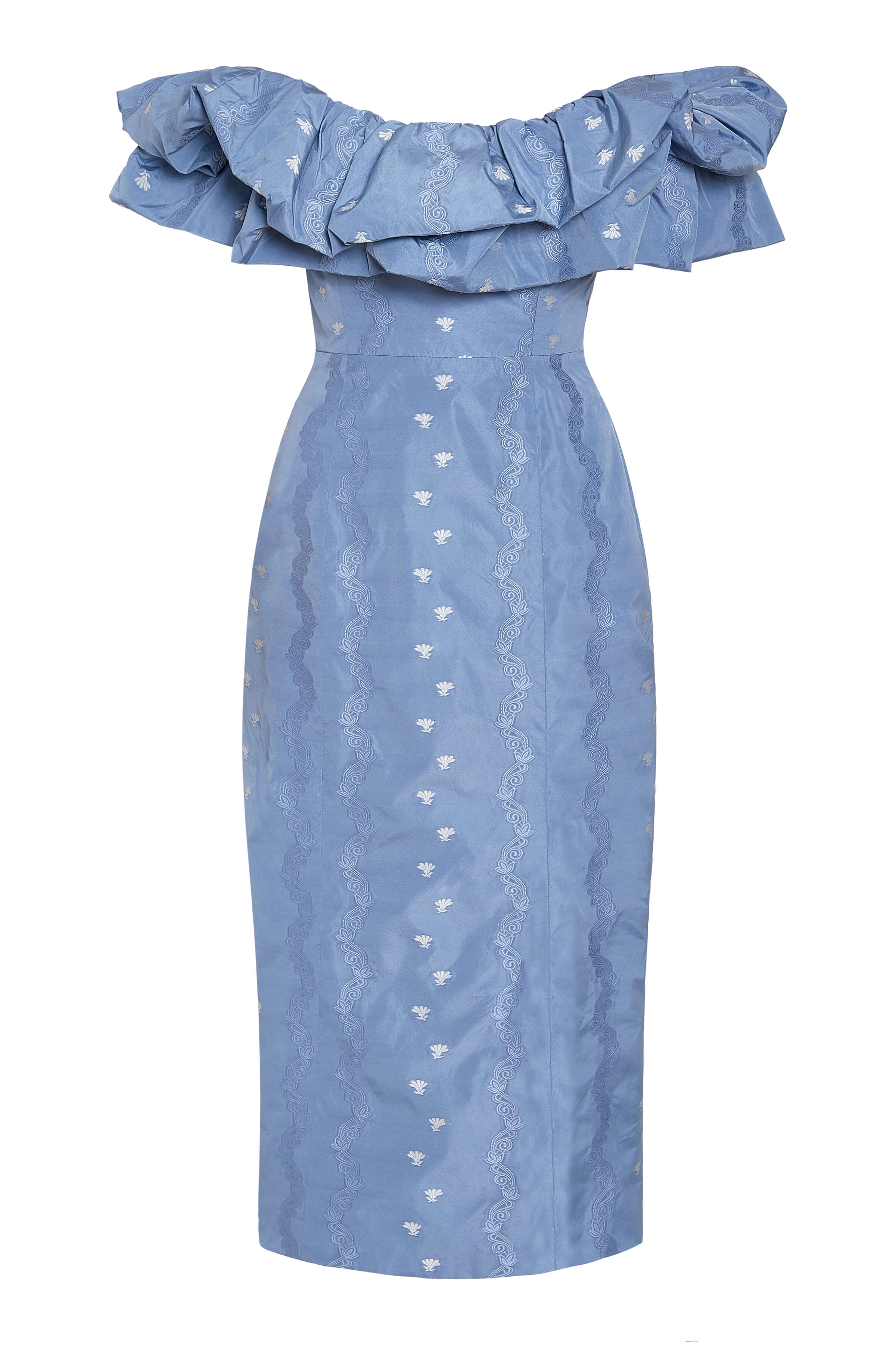 Polly Wedgewood Floral Striped Taffeta Midi Dress